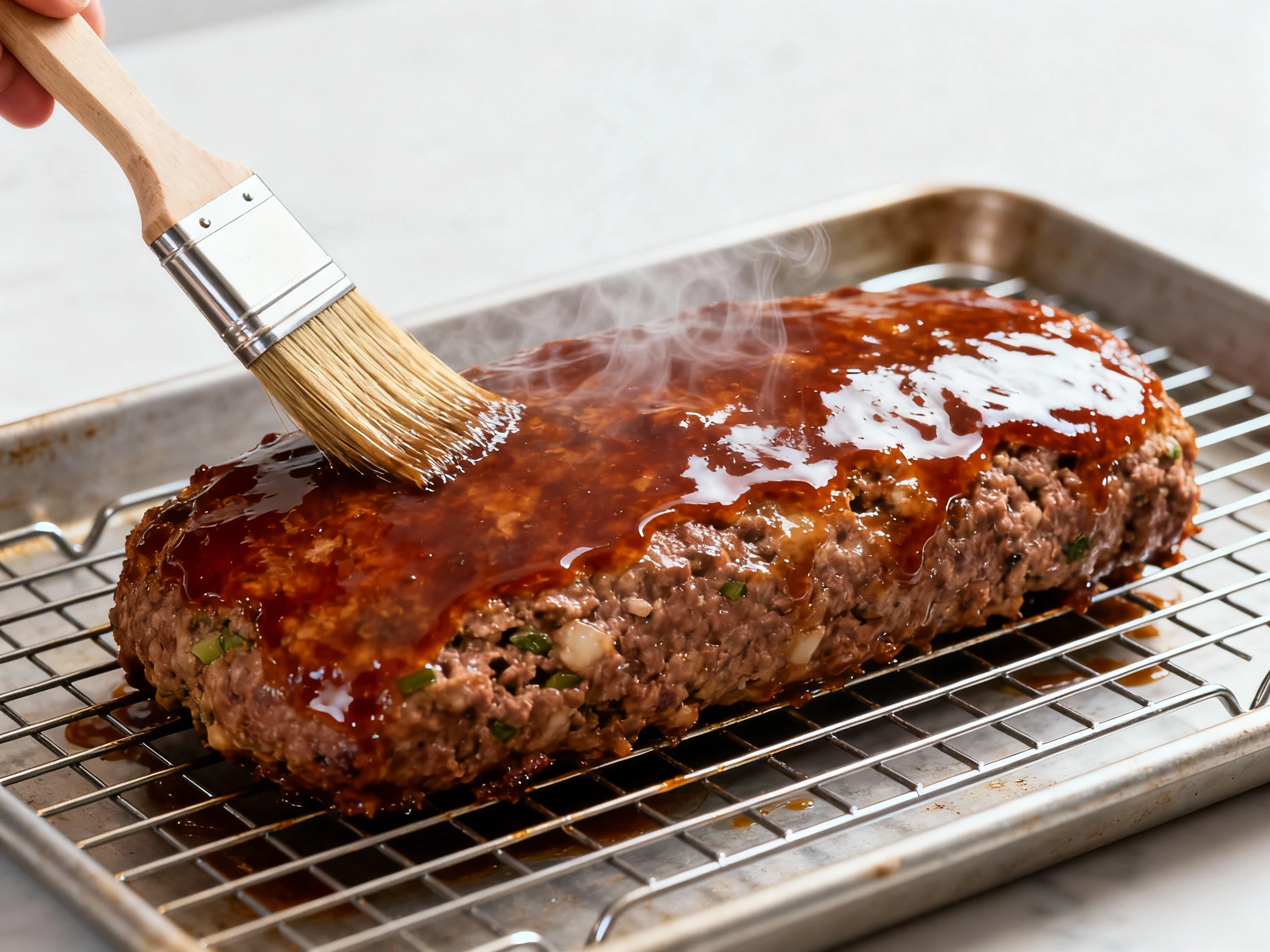 Food photography, 2. Cooking process: second glaze application on the meatloaf near the end of baking, a pastry brush la