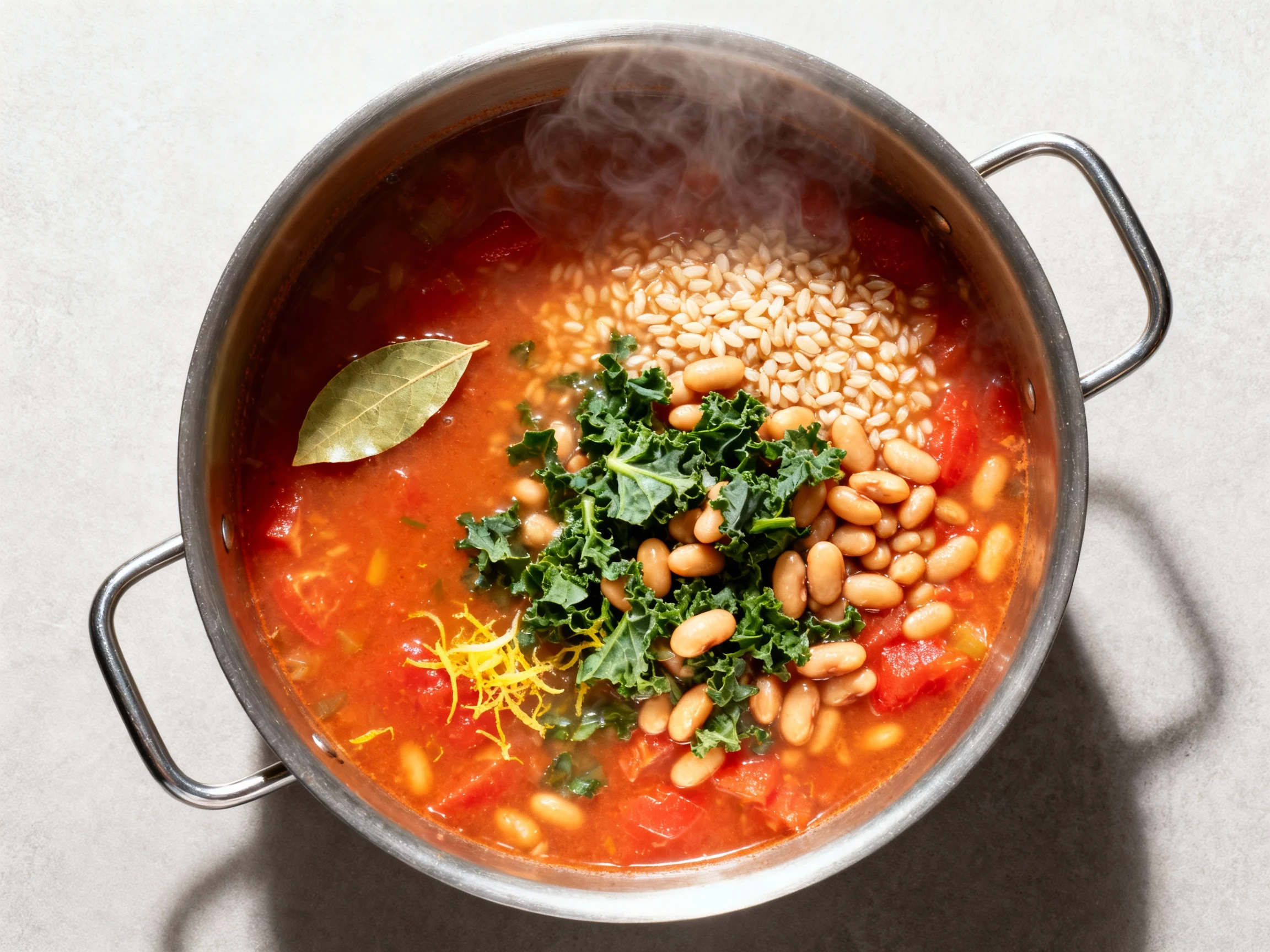 Food photography, 2. Sardinian minestrone simmering: tomatoes and vegetable broth with pearl barley, bay leaf; beans and