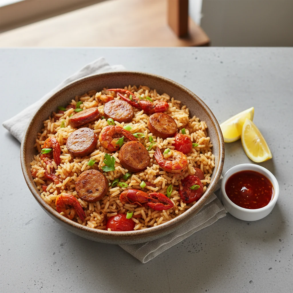 Food photography, Overhead final dish: Smoky Creole Crawfish Jambalaya in a matte ceramic bowl—separate fluffy grains st