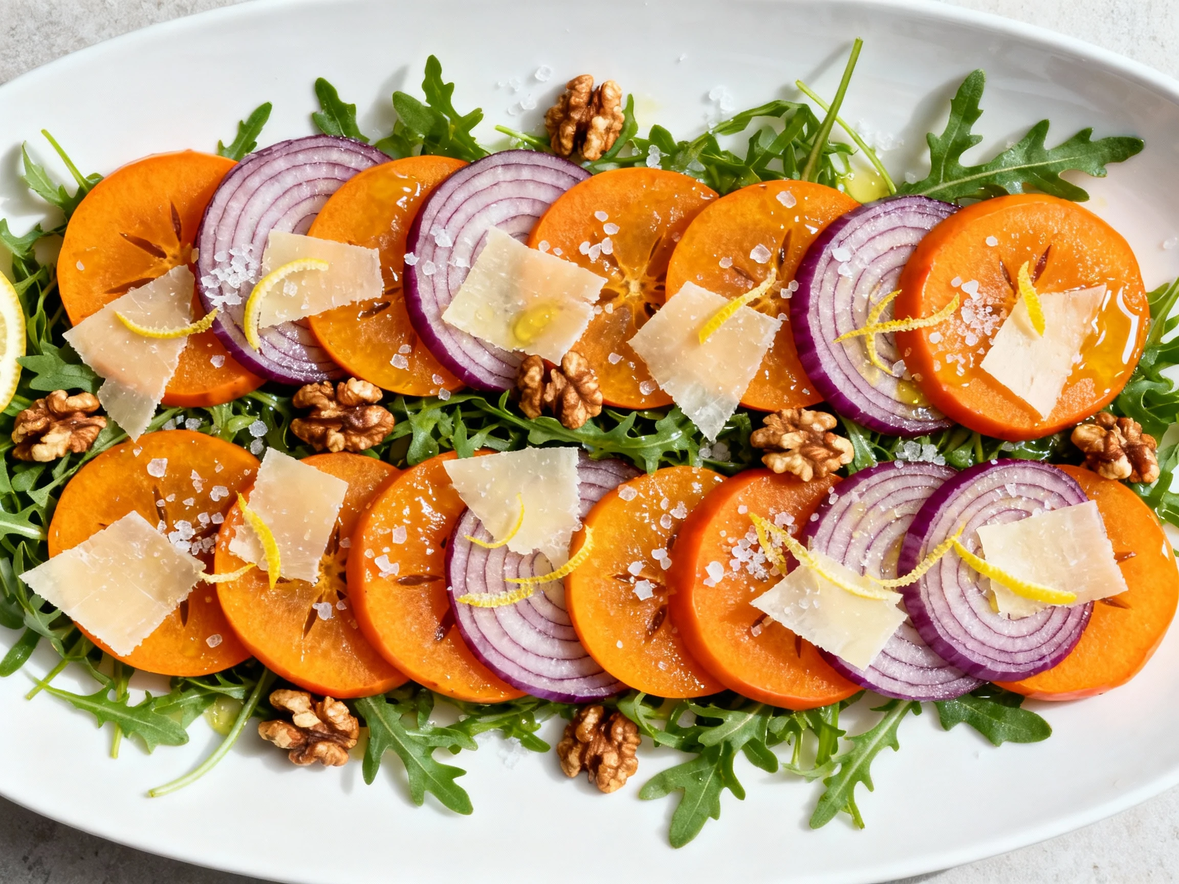 Food photography, Overhead shot of shaved Fuyu persimmon and arugula salad on a wide white platter, thin orange rounds l