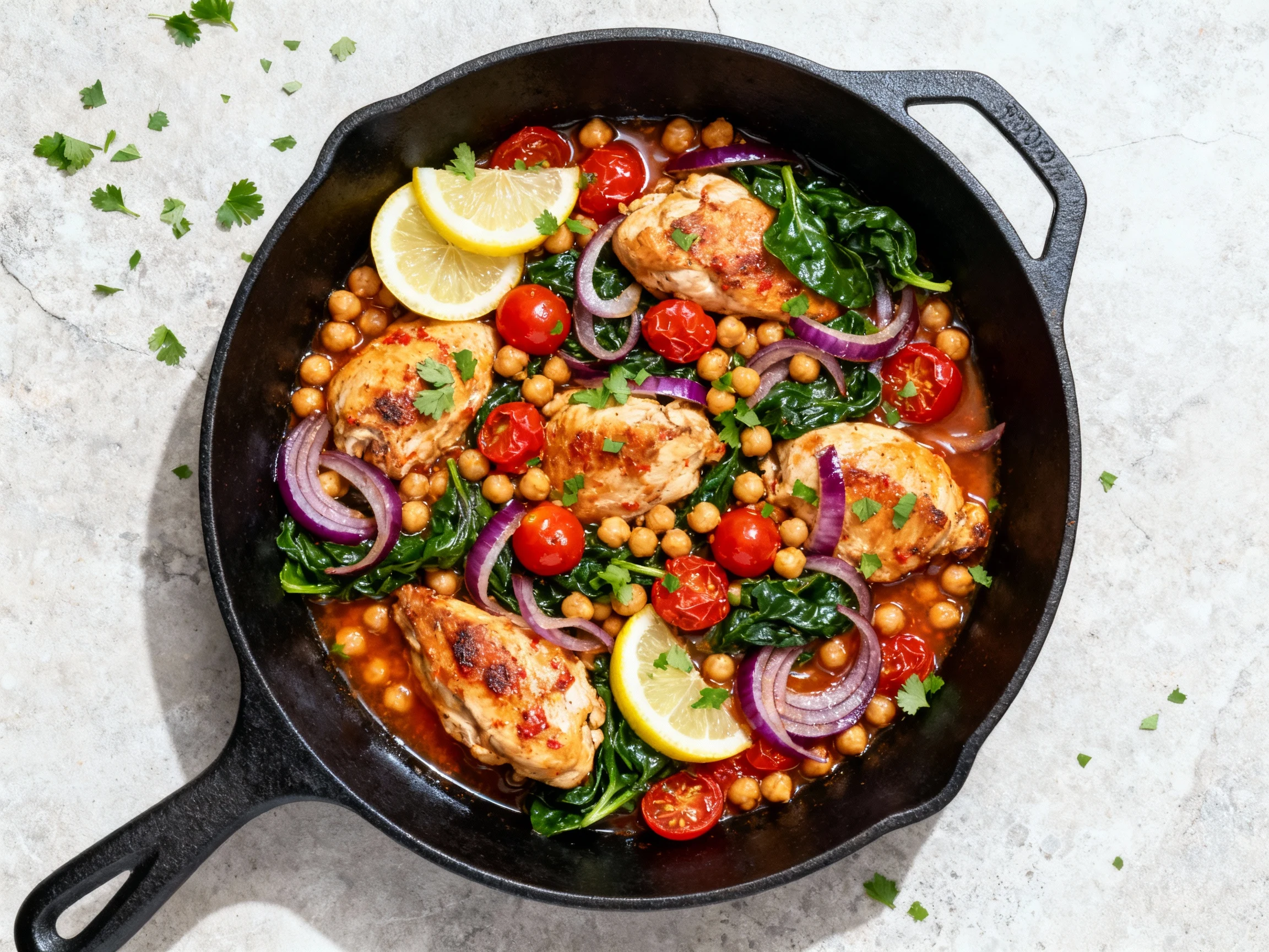 Food photography, 2. Overhead shot of the finished one-pan chili-lemon chicken with chickpeas, burst cherry tomatoes, ri