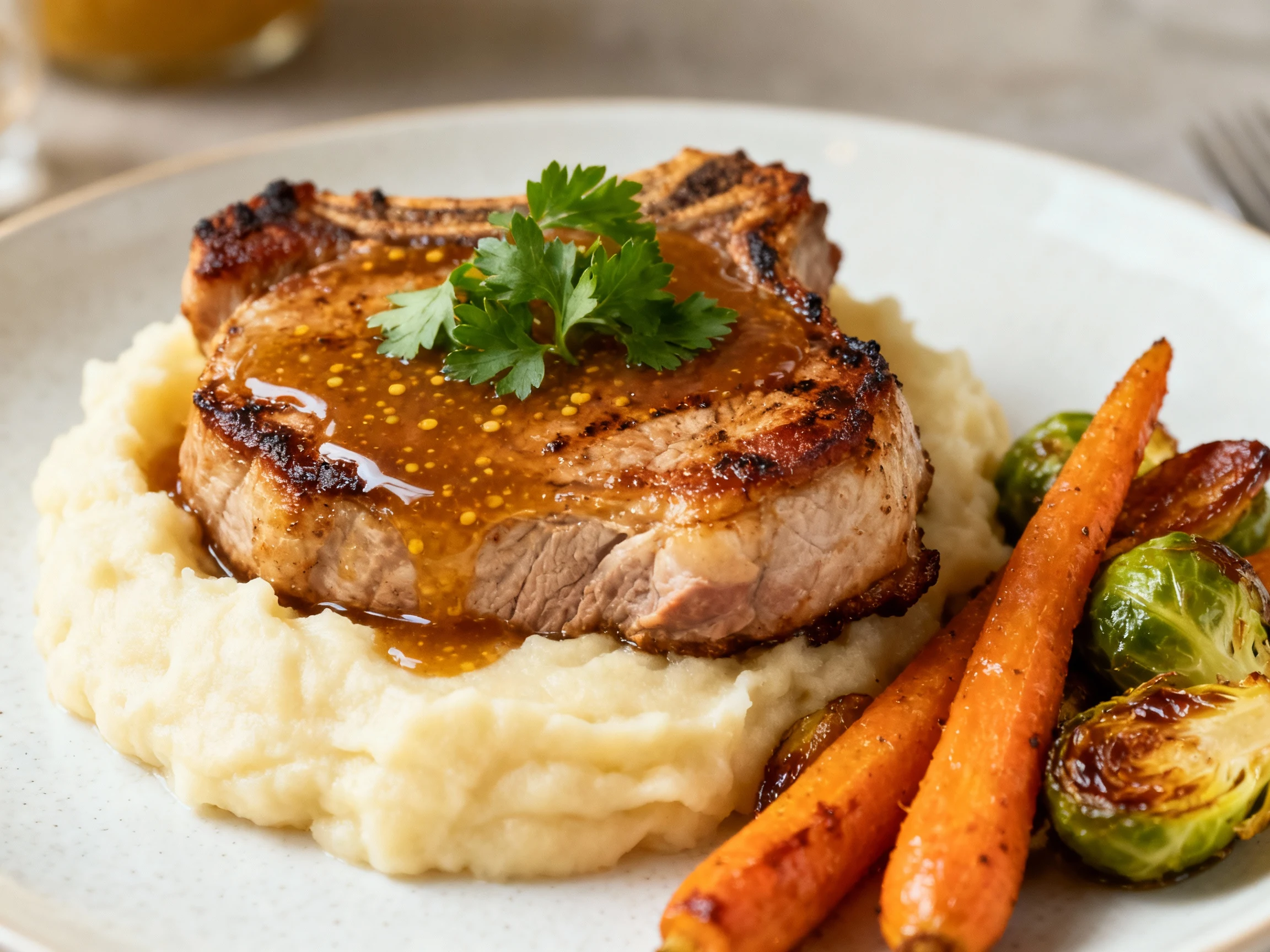 Food photography, Beautifully plated pan-seared pork chops with silky Dijon–apple cider vinegar–Worcestershire pan sauce