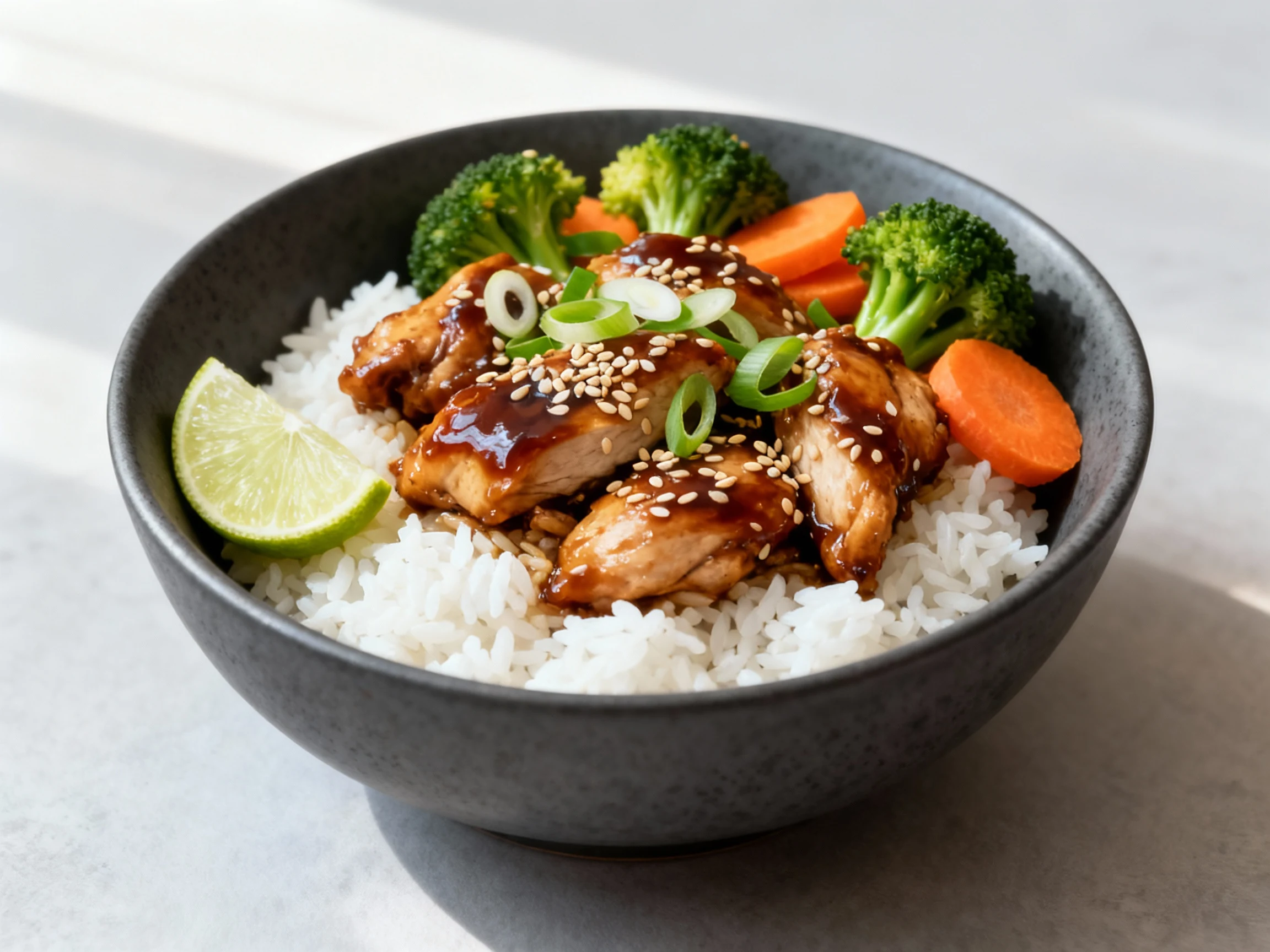 Food photography, Final dish presentation: teriyaki-style chicken with broccoli and carrots over fluffy white rice in a 