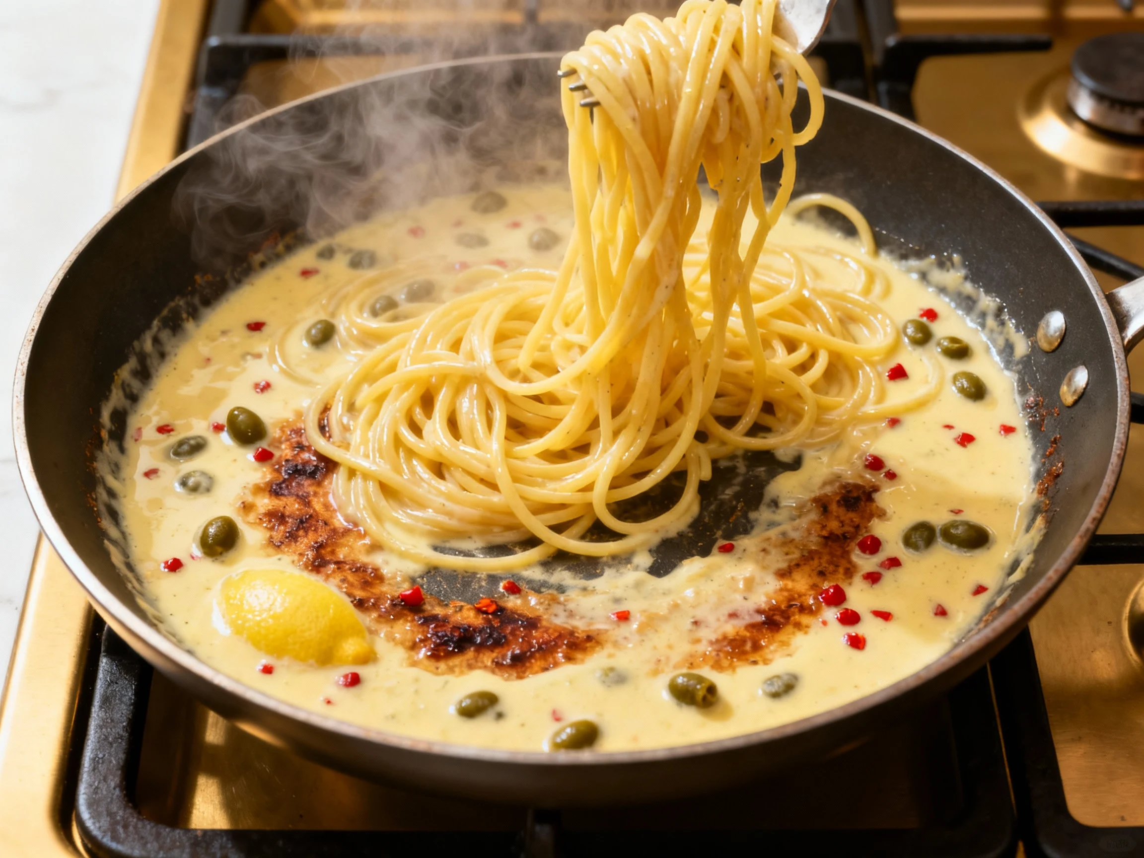 Food photography, Overhead cooking process shot: spaghetti being tossed in a 12-inch skillet with a glossy emulsified le