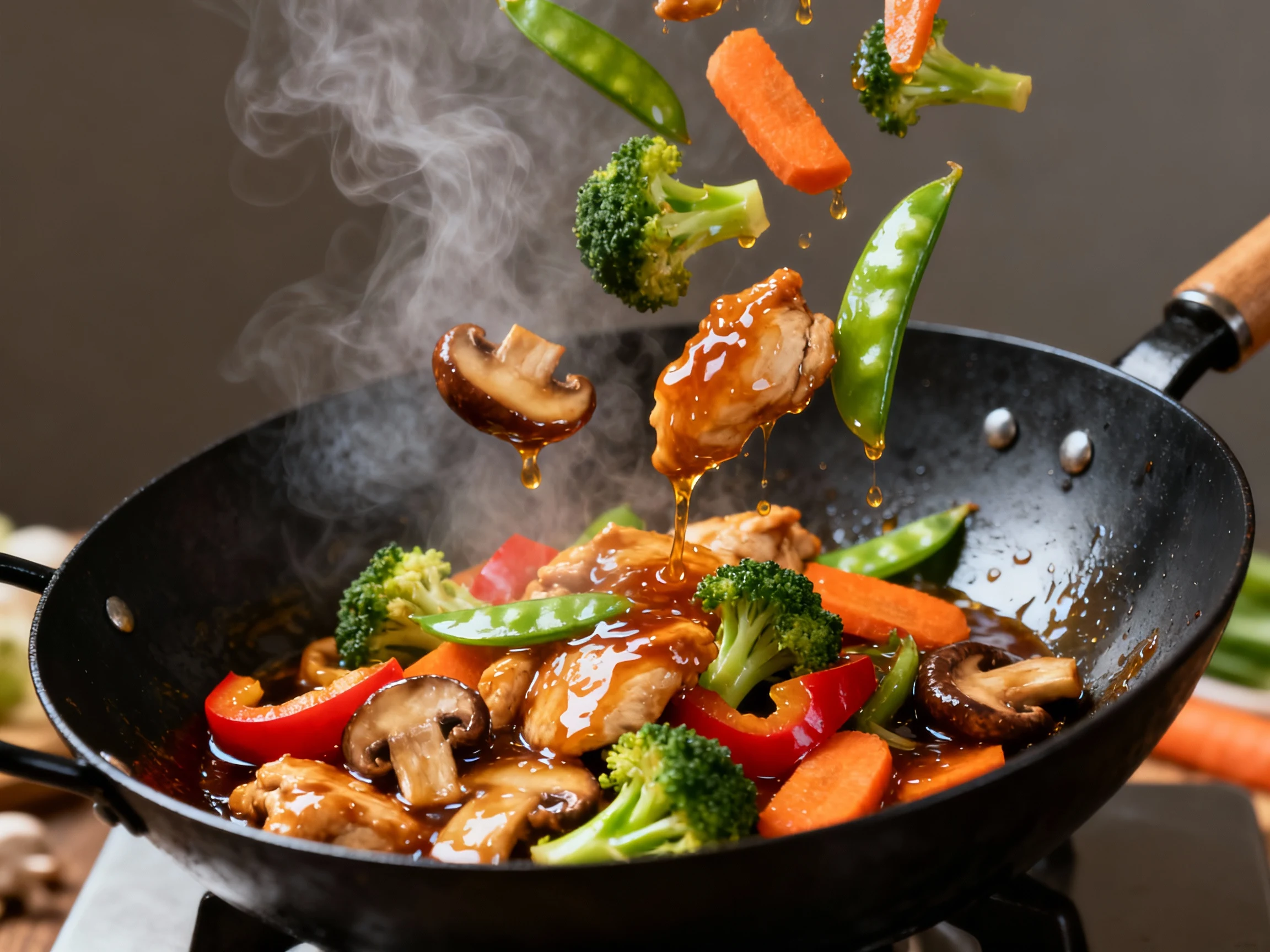 Food photography, 2. Cooking process: Mid-toss in a black wok as chicken, bell pepper, broccoli, snap peas, carrots, and
