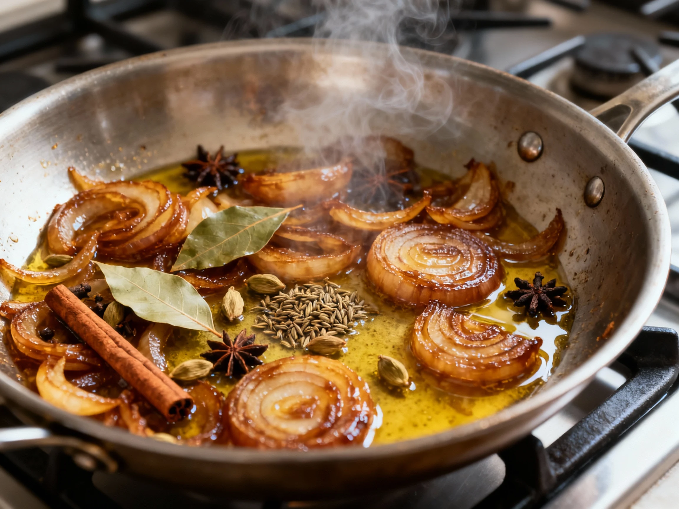 Food photography, Cooking process: Deep golden caramelized onions with whole spices (bay leaf, cinnamon stick, cardamom,