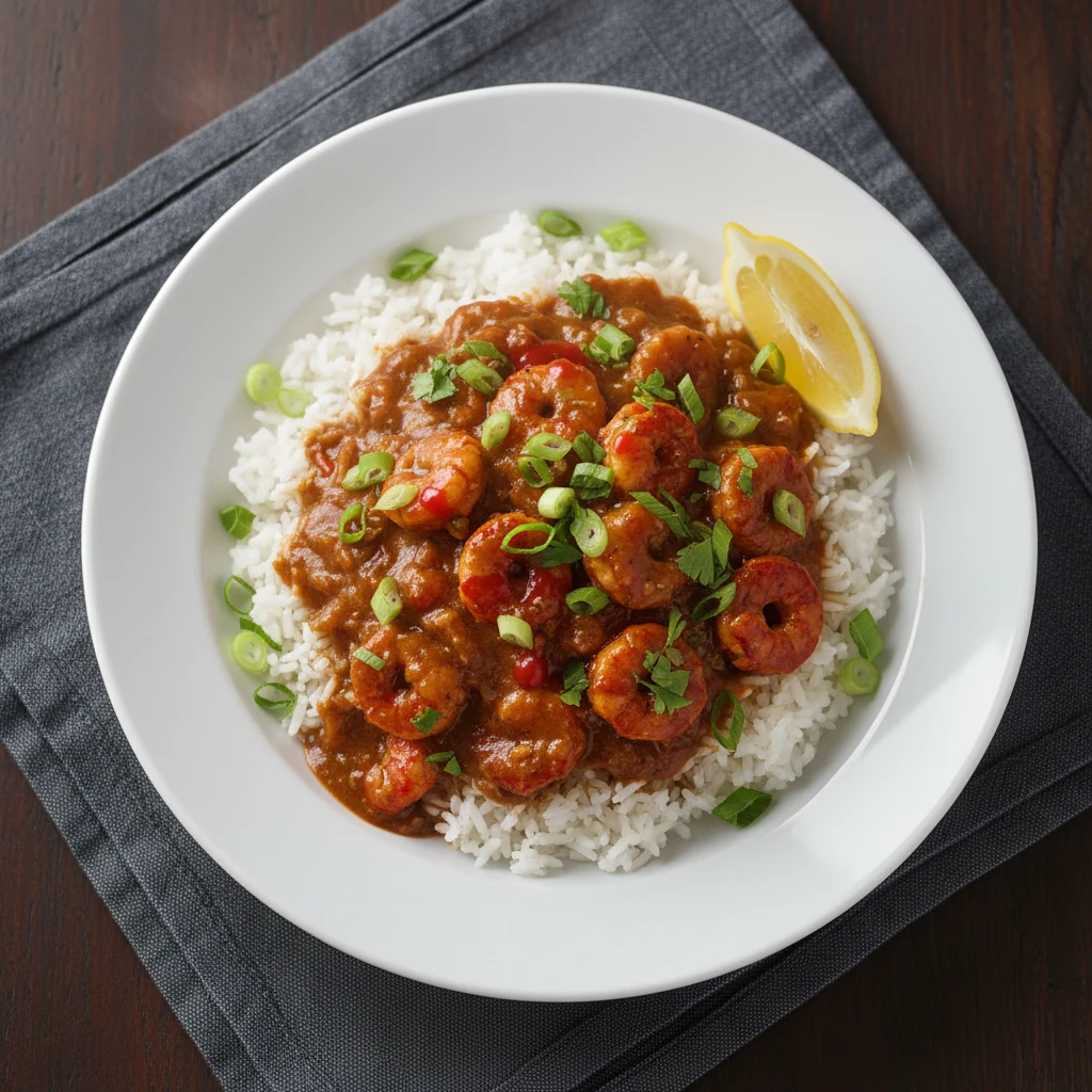 Food photography, Overhead shot of spicy crawfish étouffée over fluffy long-grain white rice in a wide white bowl; silky