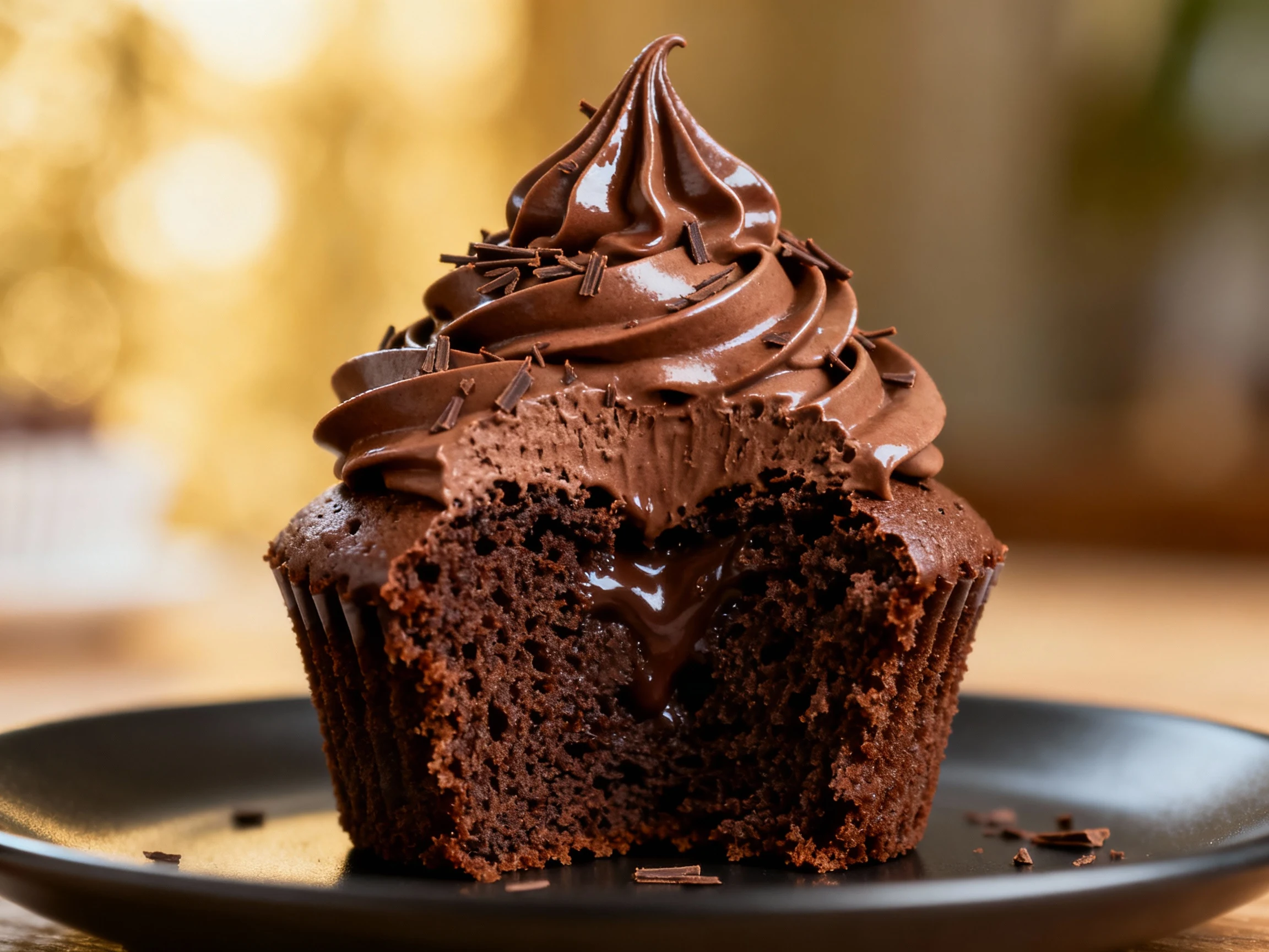 Food photography, Close-up of a halved chocolate cupcake (Dutch-process cocoa, espresso) showing ultra-moist, plush crum