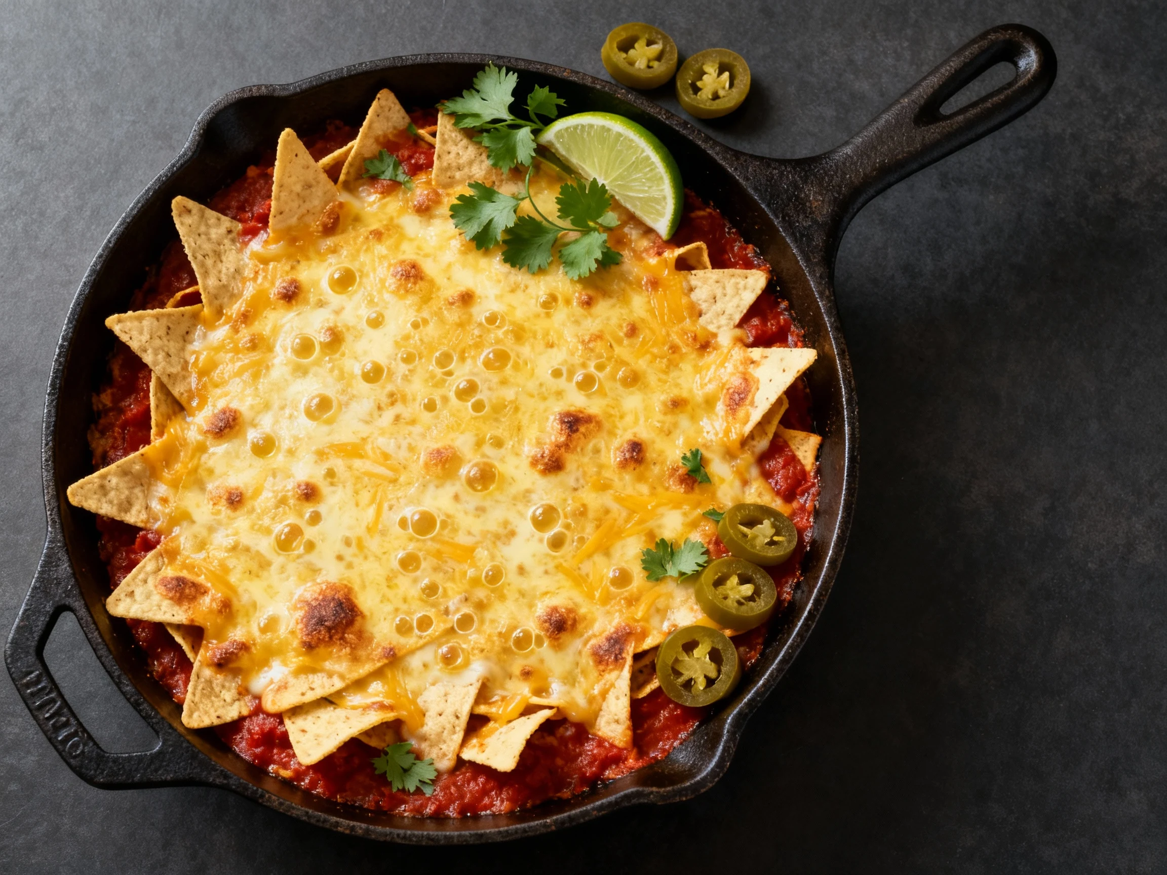 Food photography, Overhead shot of the baked skillet: golden, bubbly Monterey Jack and cheddar blanket with lightly brow