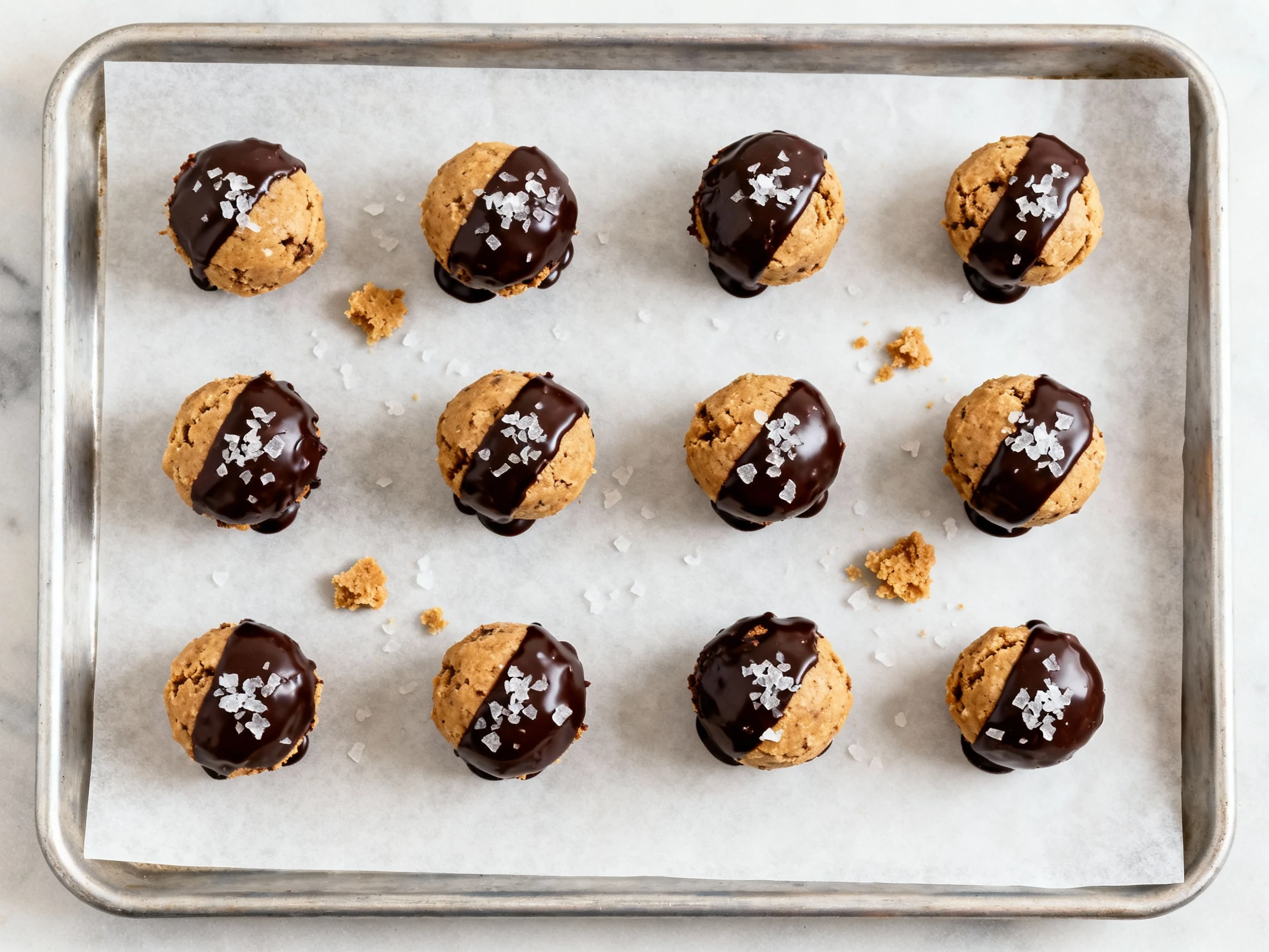 Food photography, Overhead shot of parchment-lined tray of PB2 cookie dough bites, half drizzled with melted dark chocol