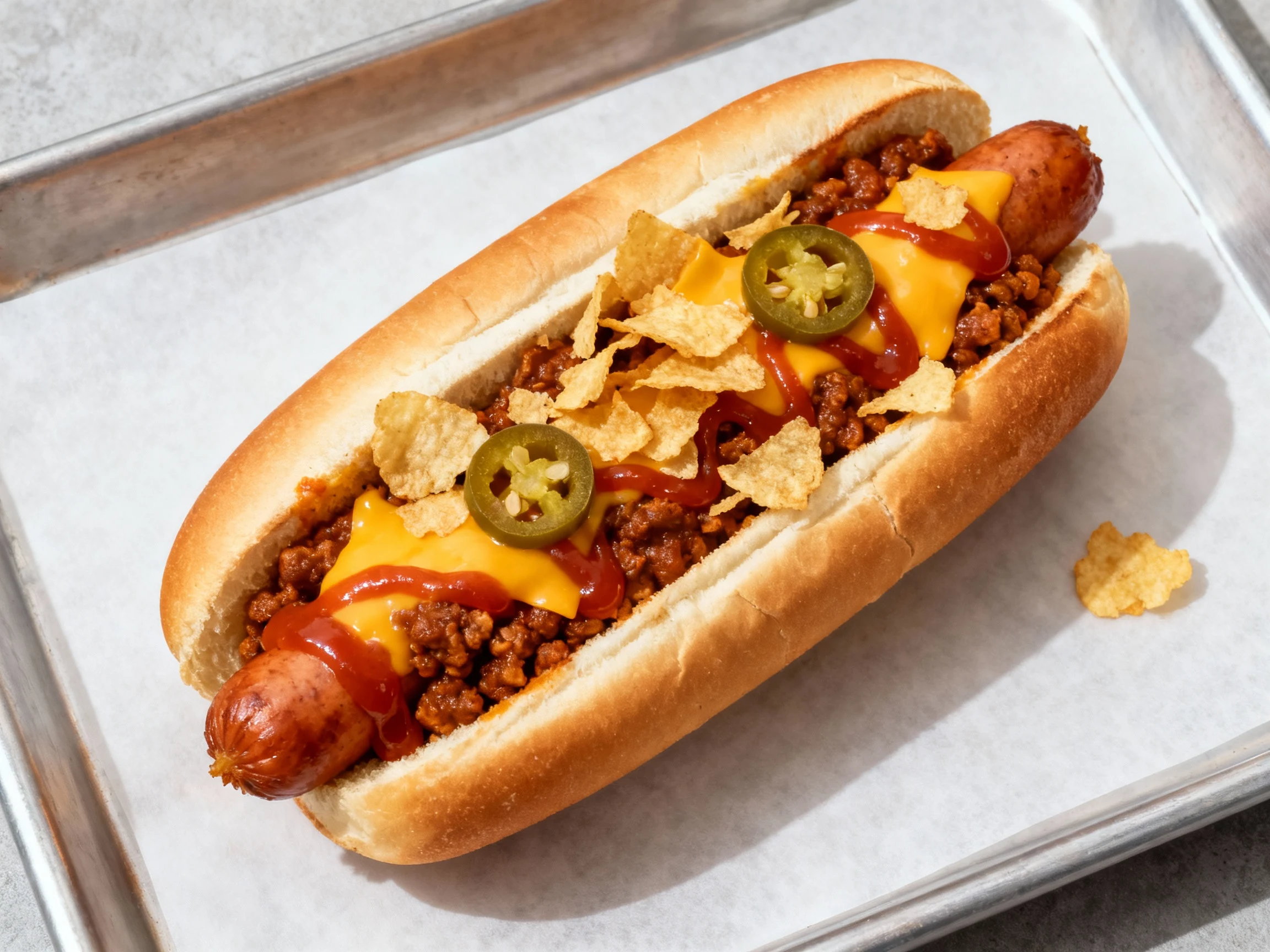 Food photography, Overhead shot of Chili-Cheese dog on parchment-lined tray: butter-toasted bun, thick chili, melted che
