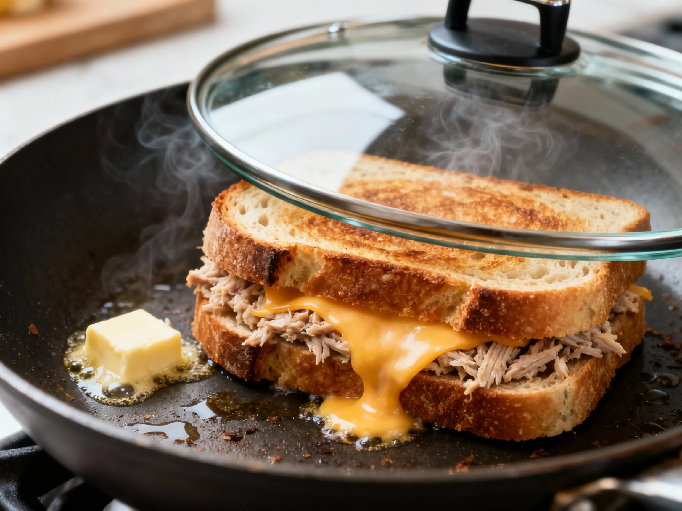 Food photography, 2. Tuna melt being griddled in a skillet: butter sizzling at edges, sourdough turning deep golden, Swi