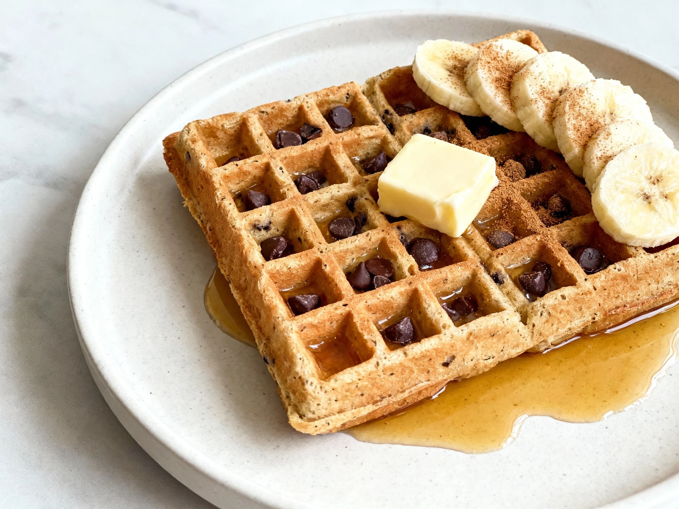 Food photography, Banana-chocolate chip sourdough waffles plated, crisp golden grid with melted chips in the pockets, pa