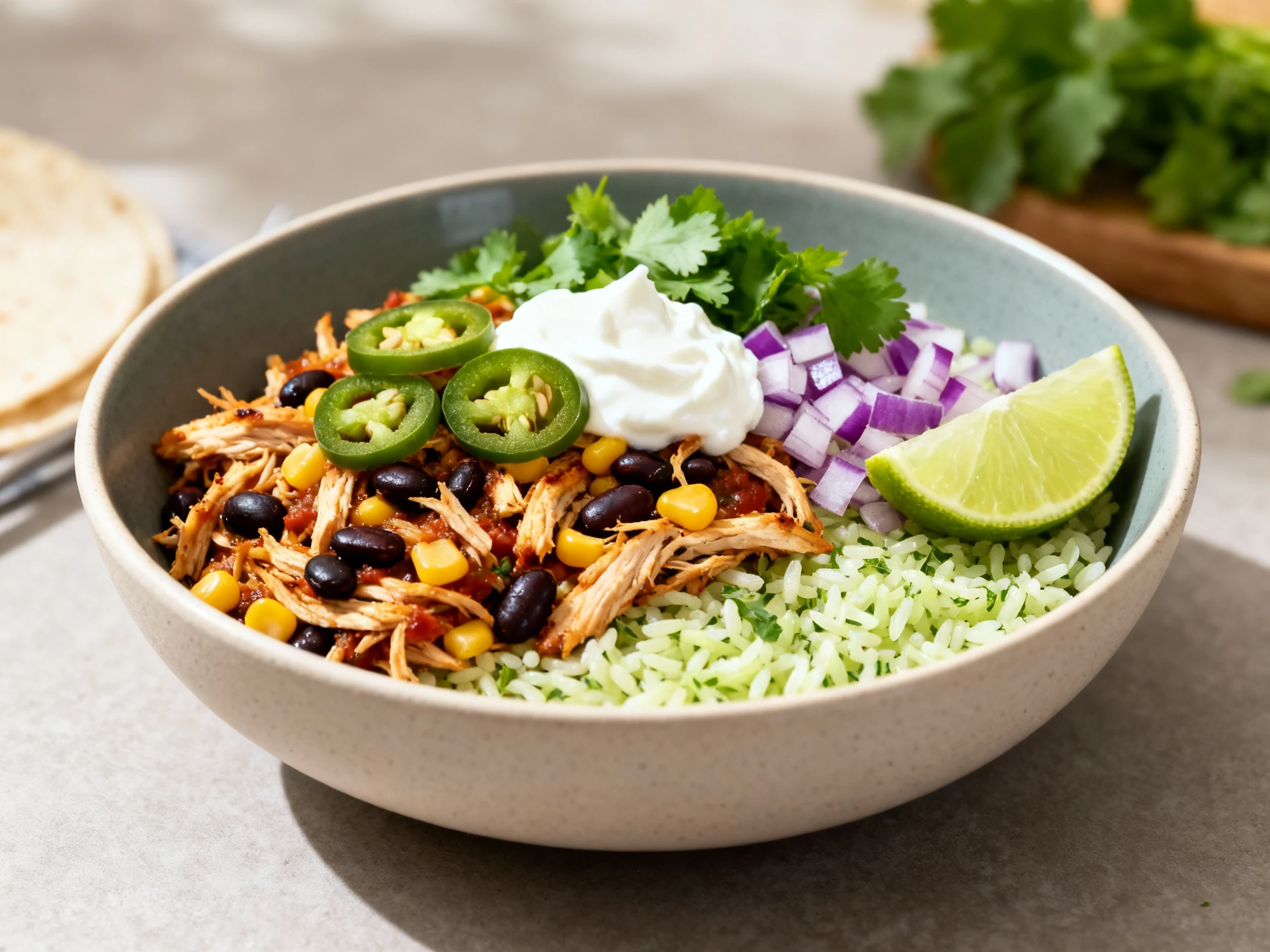 Food photography, Final dish: Fire-roasted salsa chicken bowl over cilantro-lime rice, shredded chicken mixed with black