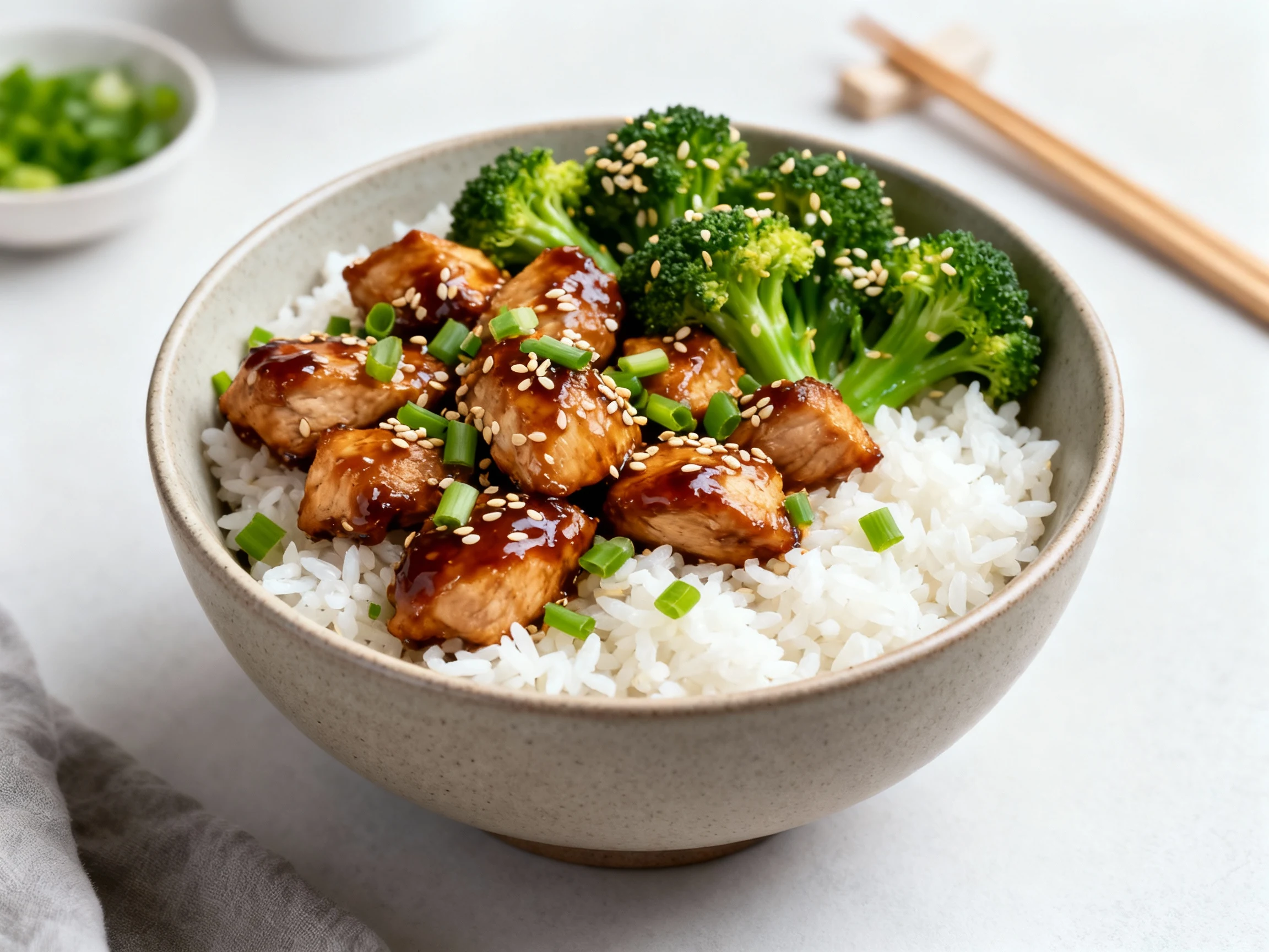 Food photography, 2. Final dish: Beautifully plated teriyaki chicken over fluffy white rice in a matte ceramic bowl, lac
