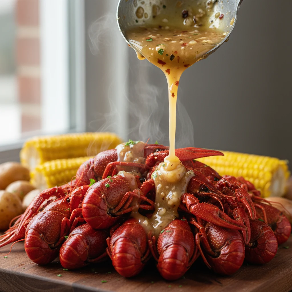 Food photography, Close-up action shot: cooked crawfish being drizzled with silky Cajun butter; visible garlic bits, smo