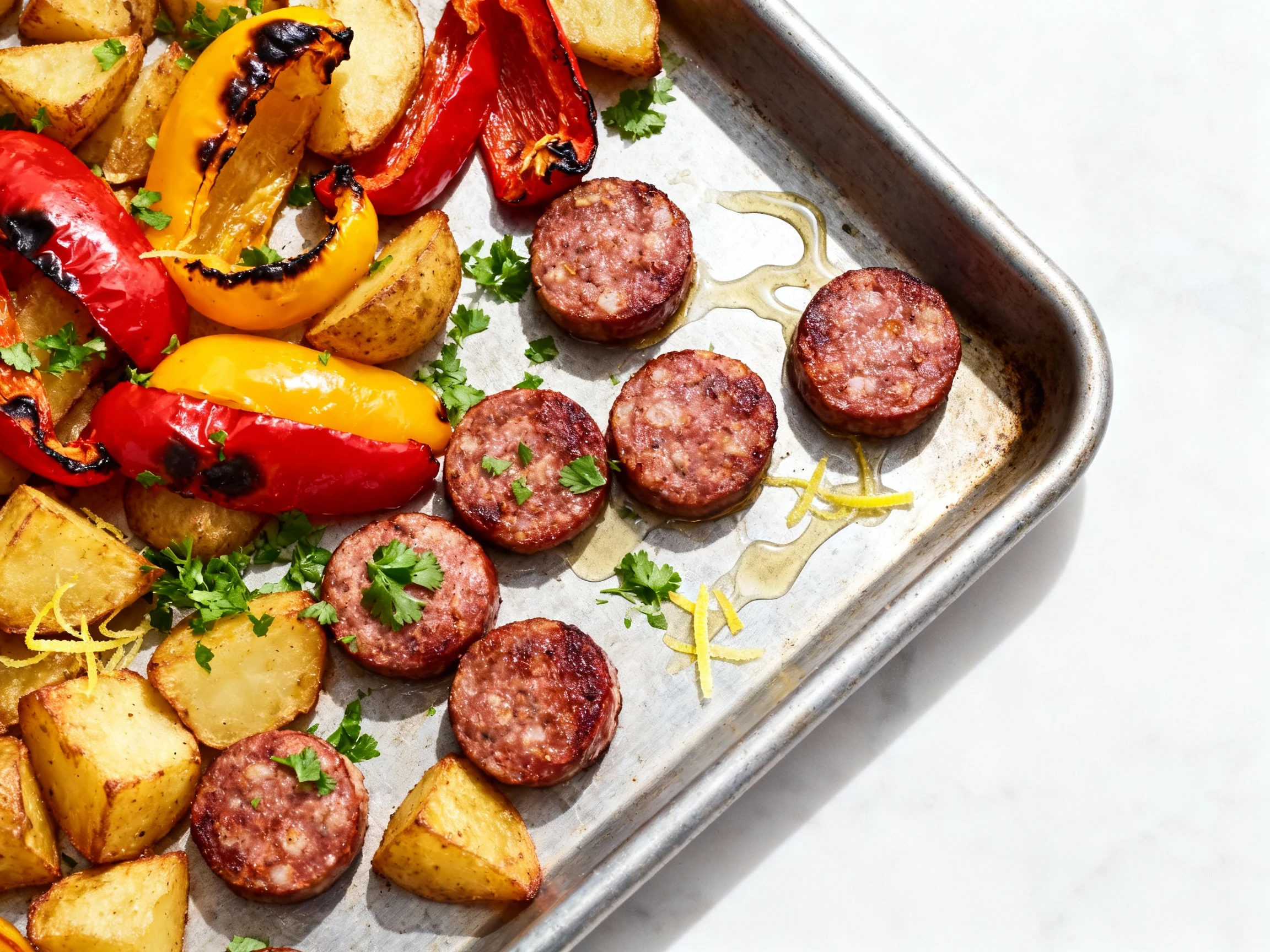 Food photography, Overhead shot of roasted Italian sausage coins, blistered red/yellow bell peppers, and crispy golden p