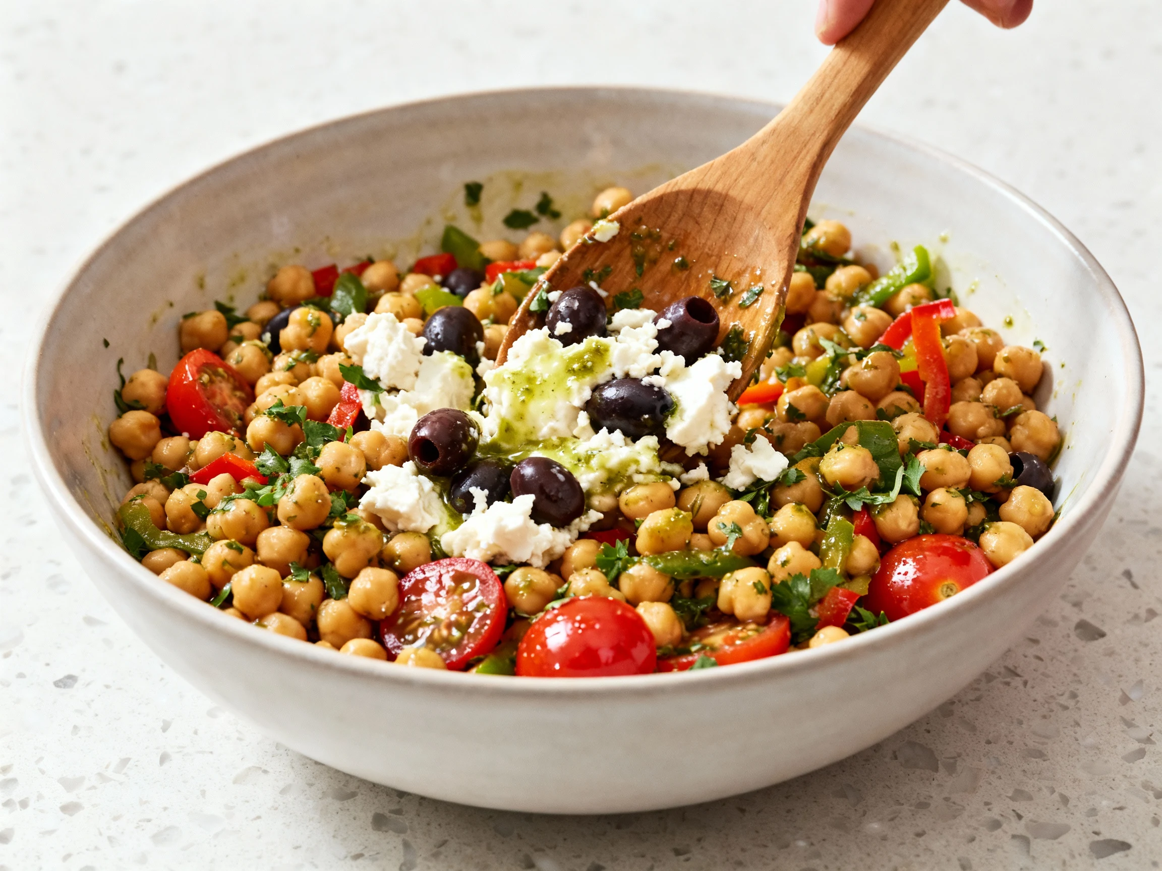 Food photography, 2. Cooking process: Chickpea salad being prepared—large bowl mid-toss, wooden spoon gently folding in 