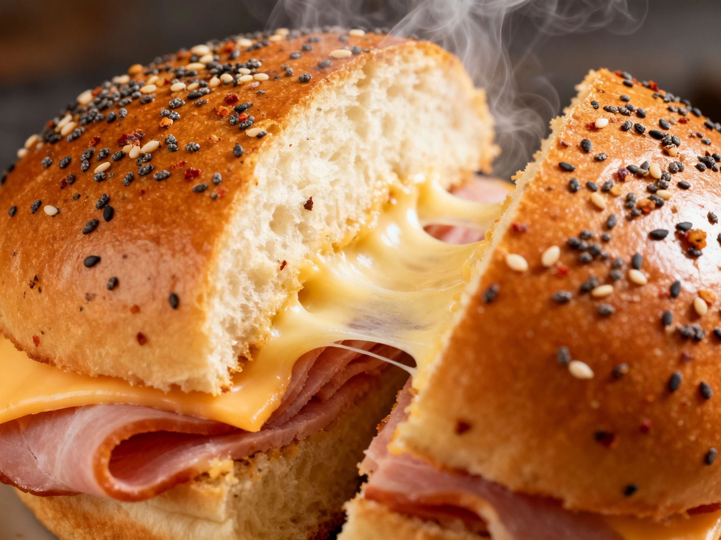 Food photography, Extreme close-up of a hot slider pulled apart along the seam—melty Swiss cheese stretch over thin ham,