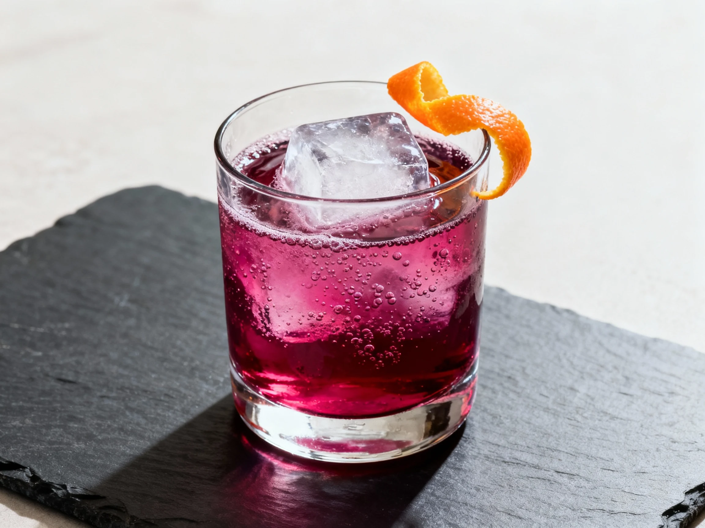 Food photography, Final drink: Hibiscus Pomegranate Soda in a chilled rocks glass, deep magenta hue, single large clear 