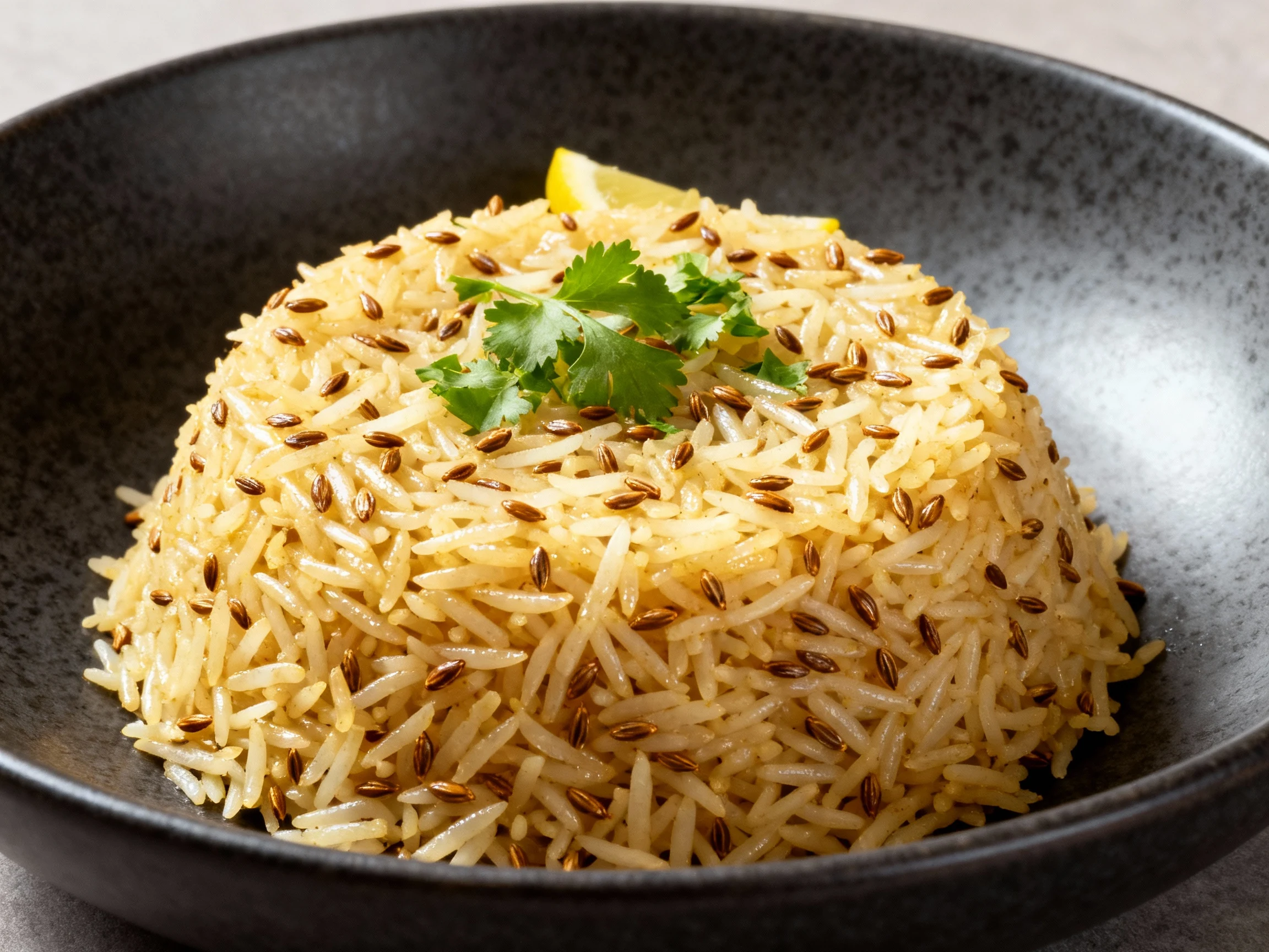 Food photography, Beautifully plated Jeera Rice (cumin basmati) mounded in a matte charcoal bowl; glistening grains stud