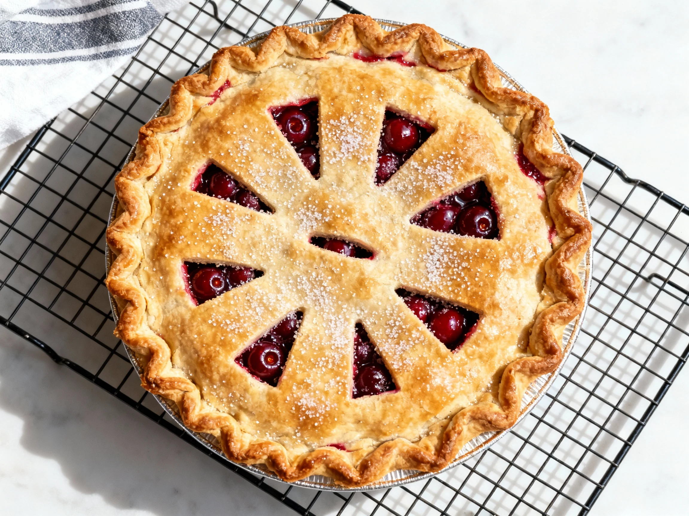 Food photography, Overhead shot of a vented double-crust cherry pie on a cooling rack: deep golden crust, sugar sparkle,