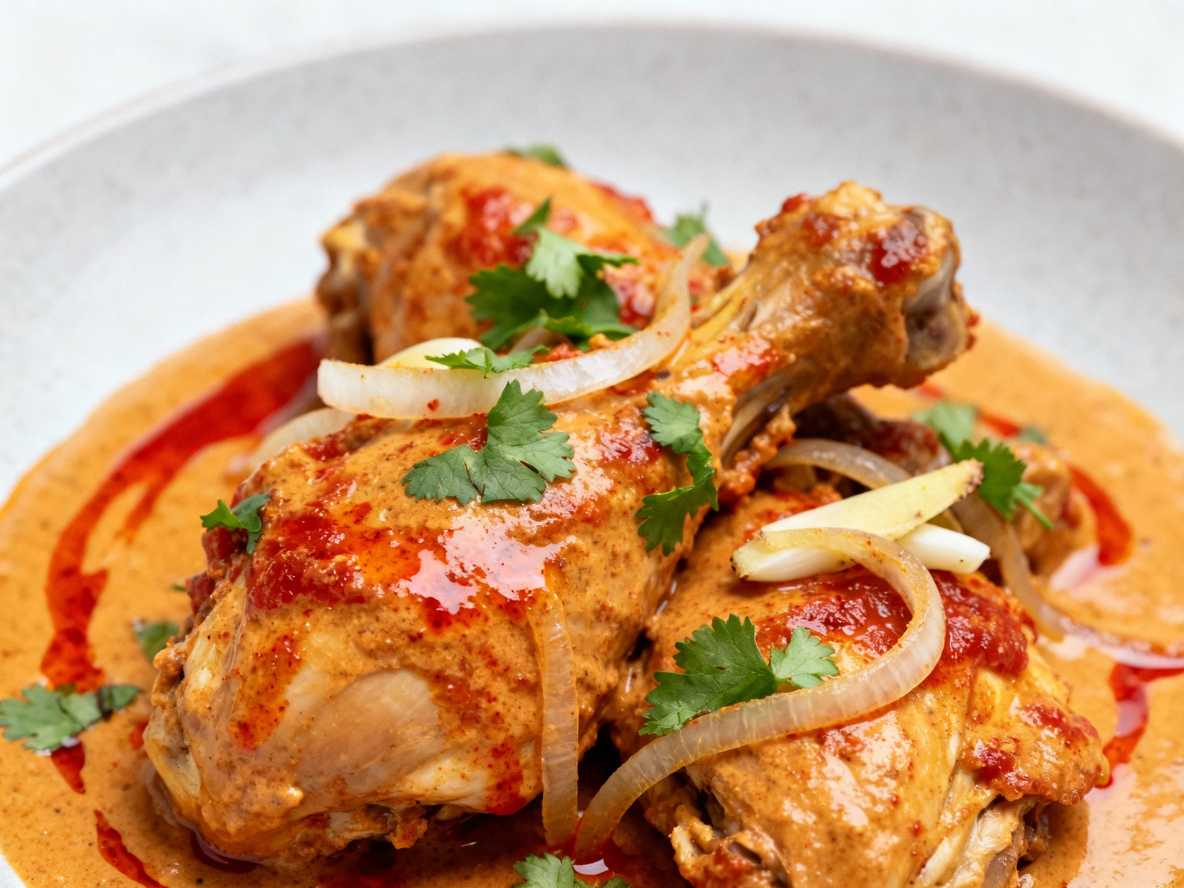 Food photography, Macro close-up of tender chicken coated in silky curry, caramelized tomato paste sheen with paprika-re