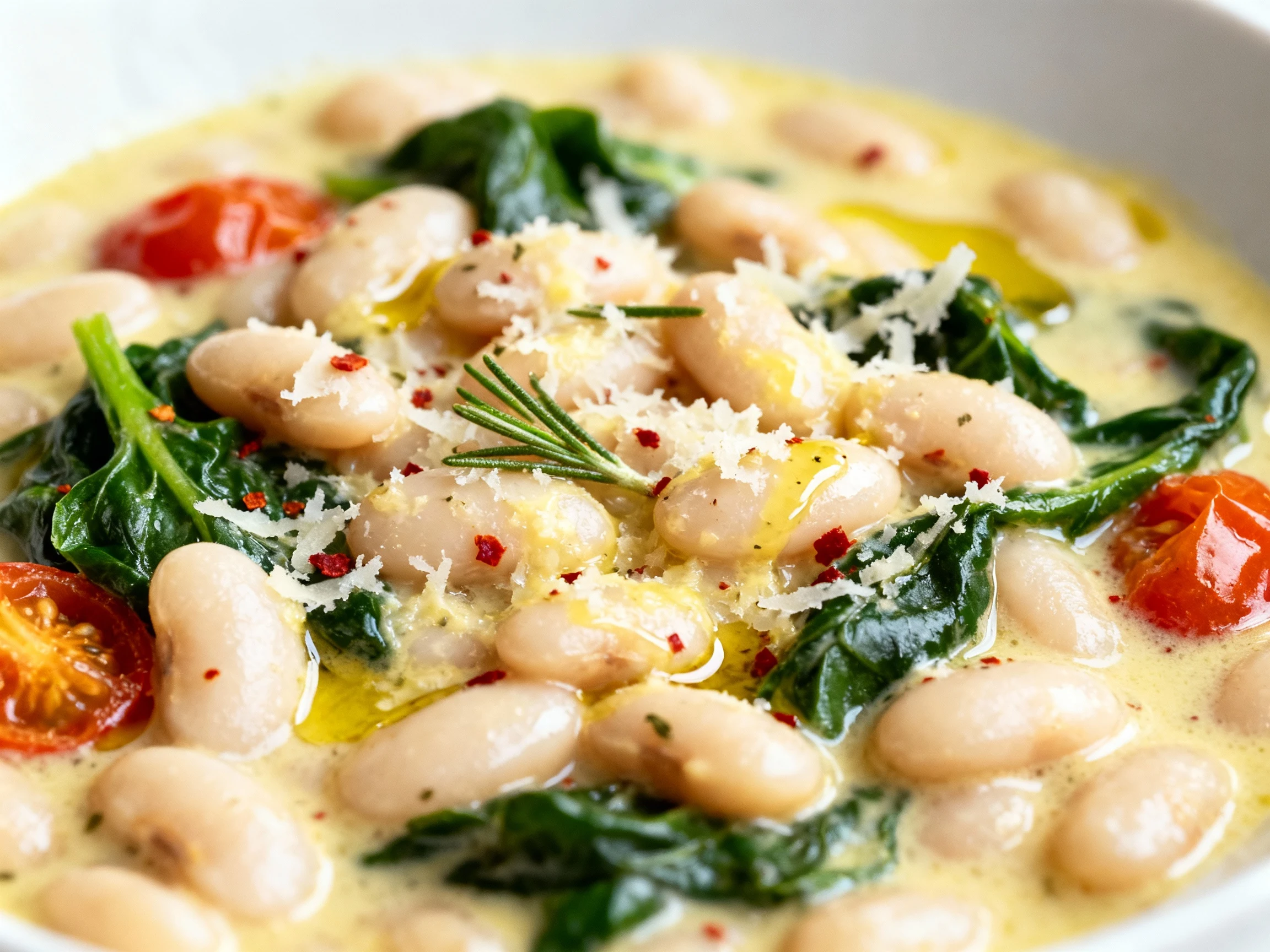 Food photography, Close-up detail of silky cannellini beans in lemony sauce with melted Parmesan, flecks of rosemary, cr