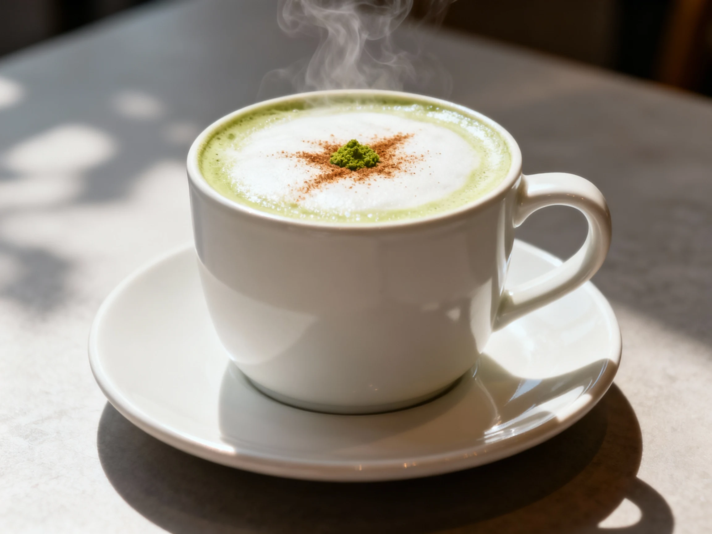 Food photography, 2. Beautifully plated Warm Vanilla Matcha Latte in a matte white mug on a saucer—silky microfoam, fain
