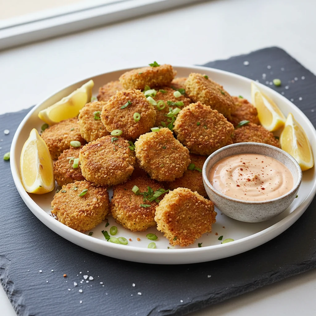 Food photography, 2. Overhead shot of a platter piled with crispy cornbread-crusted crawfish bites, garnished with chopp