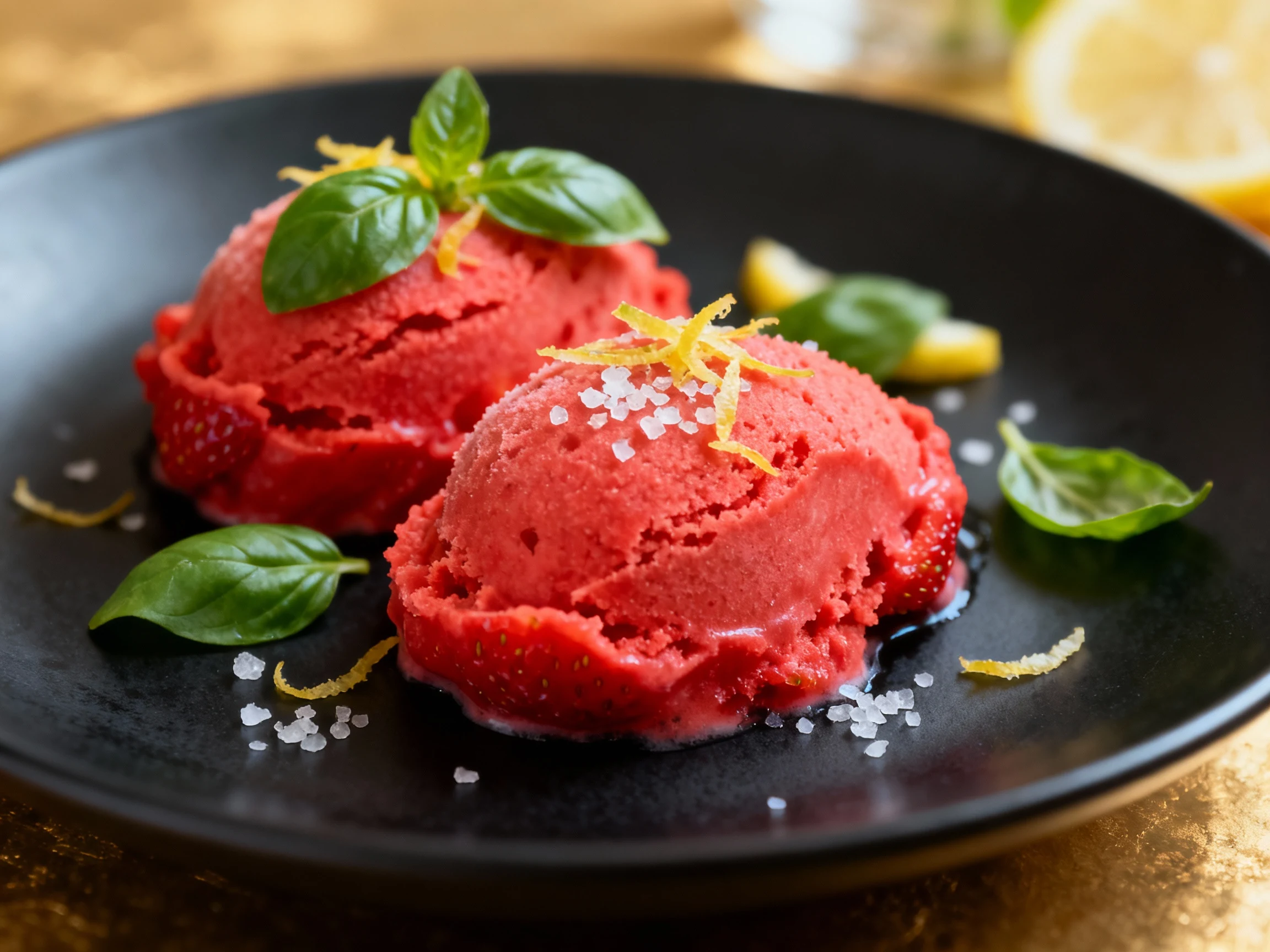 Food photography, Beautifully plated strawberry-basil sorbet quenelles, garnished with basil, lemon zest, and a pinch of