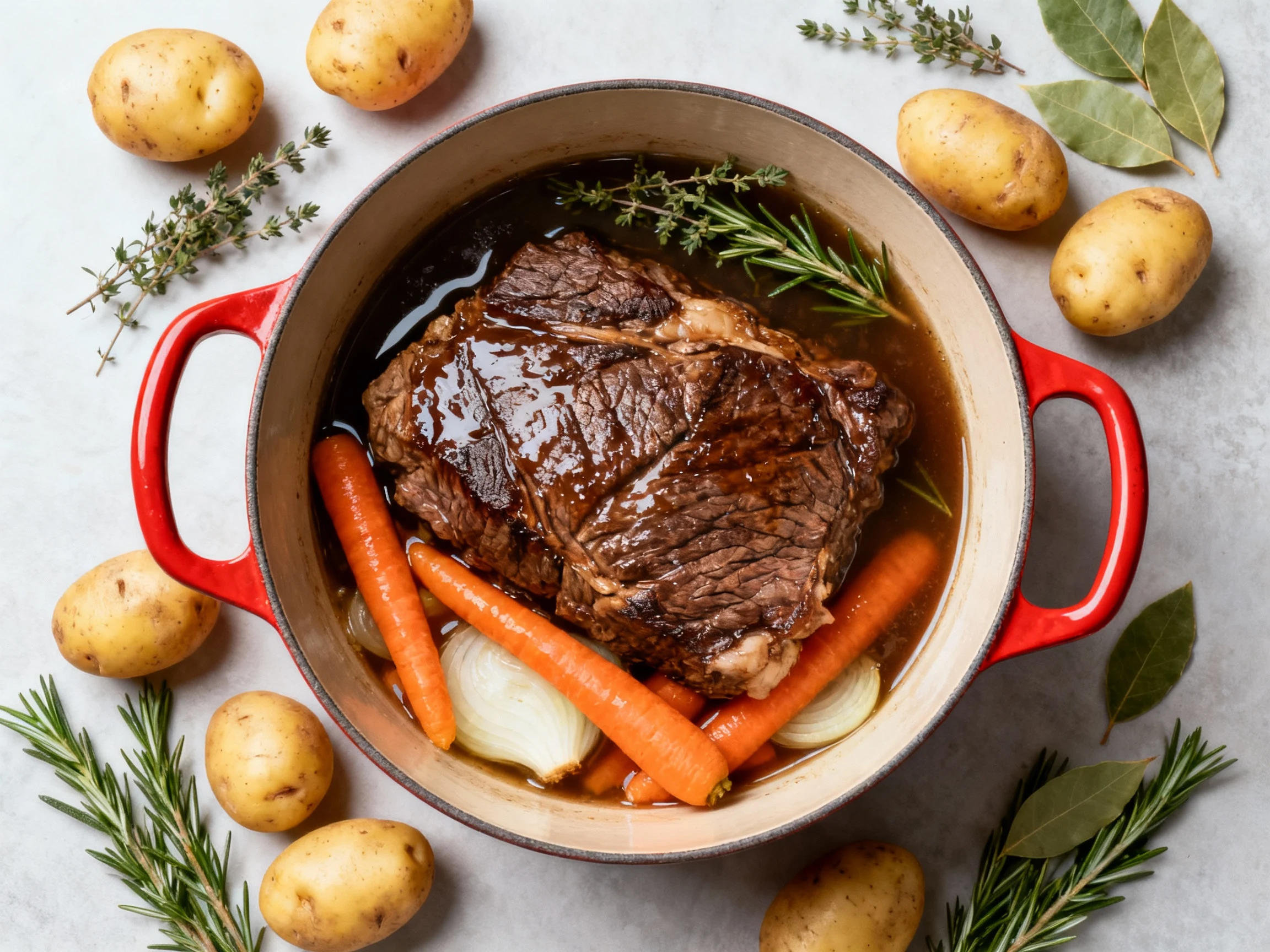 Food photography, Overhead shot of braising pot roast, phase two: roast nestled in glossy broth halfway up, carrots and 