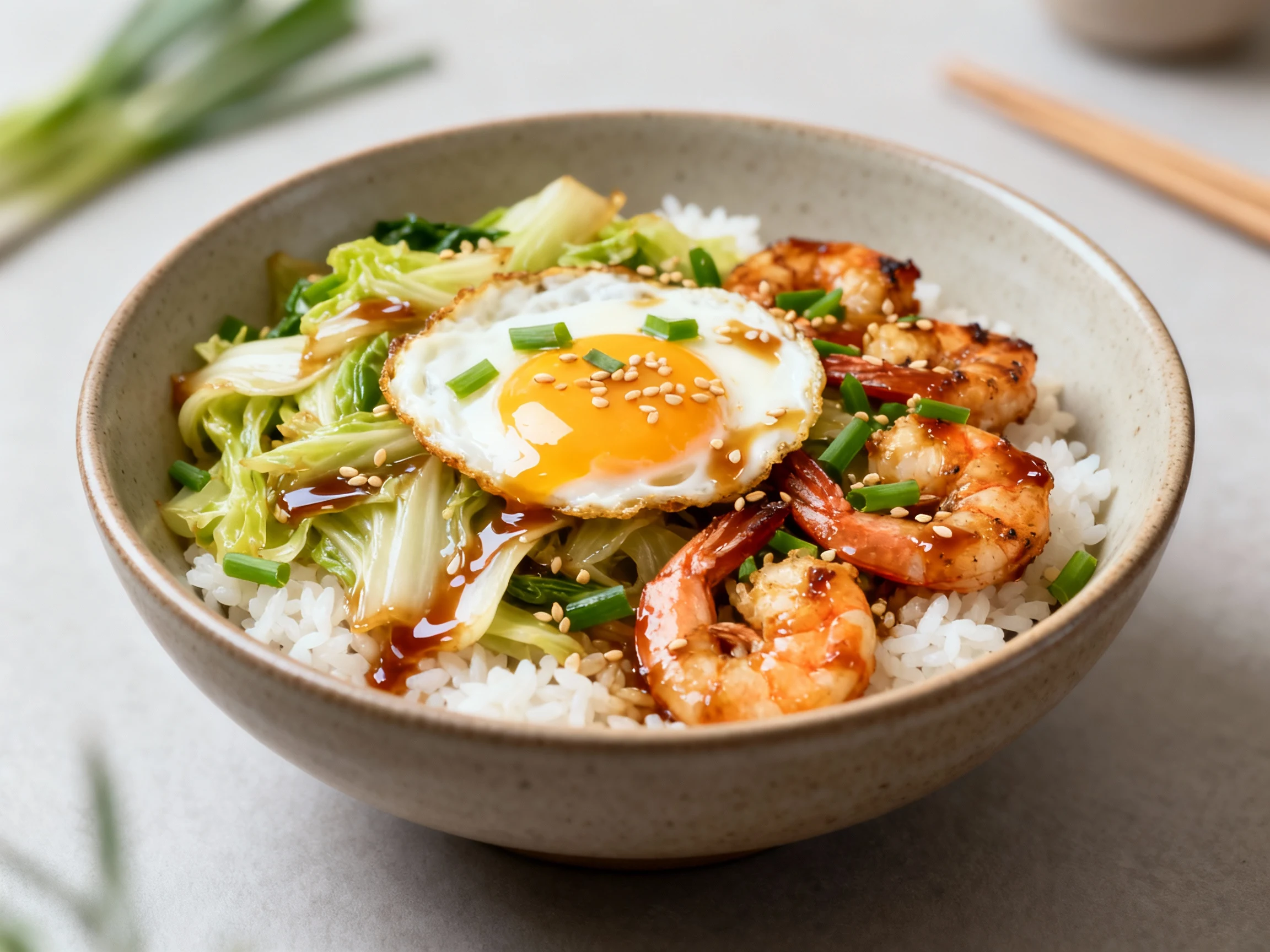 Food photography, Final dish: Beautifully plated Napa cabbage stir-fry over steamed rice with seared shrimp and a jammy 