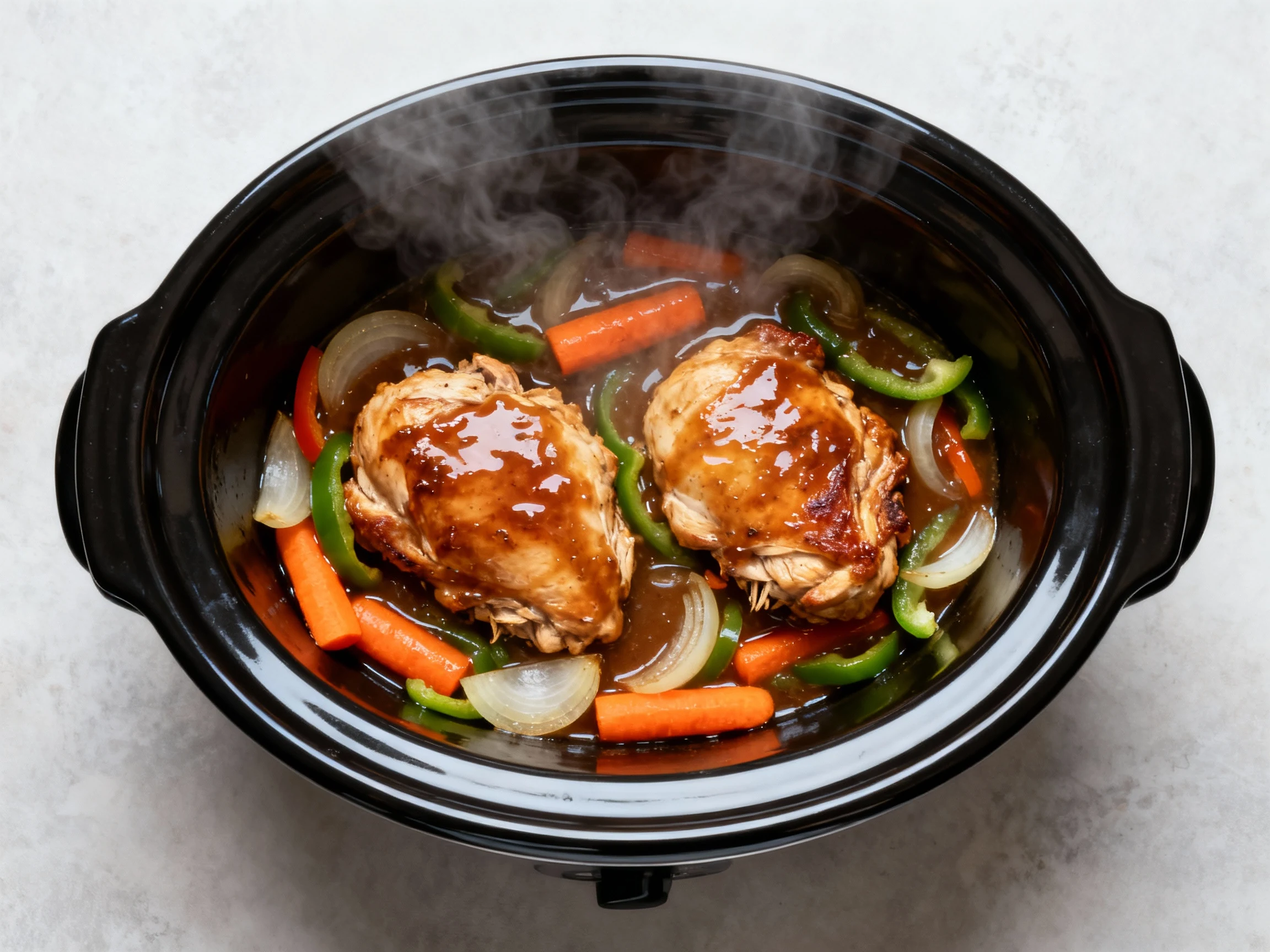Food photography, Overhead shot of the slow cooker insert with fork-tender chicken thighs atop cooked onions, bell peppe