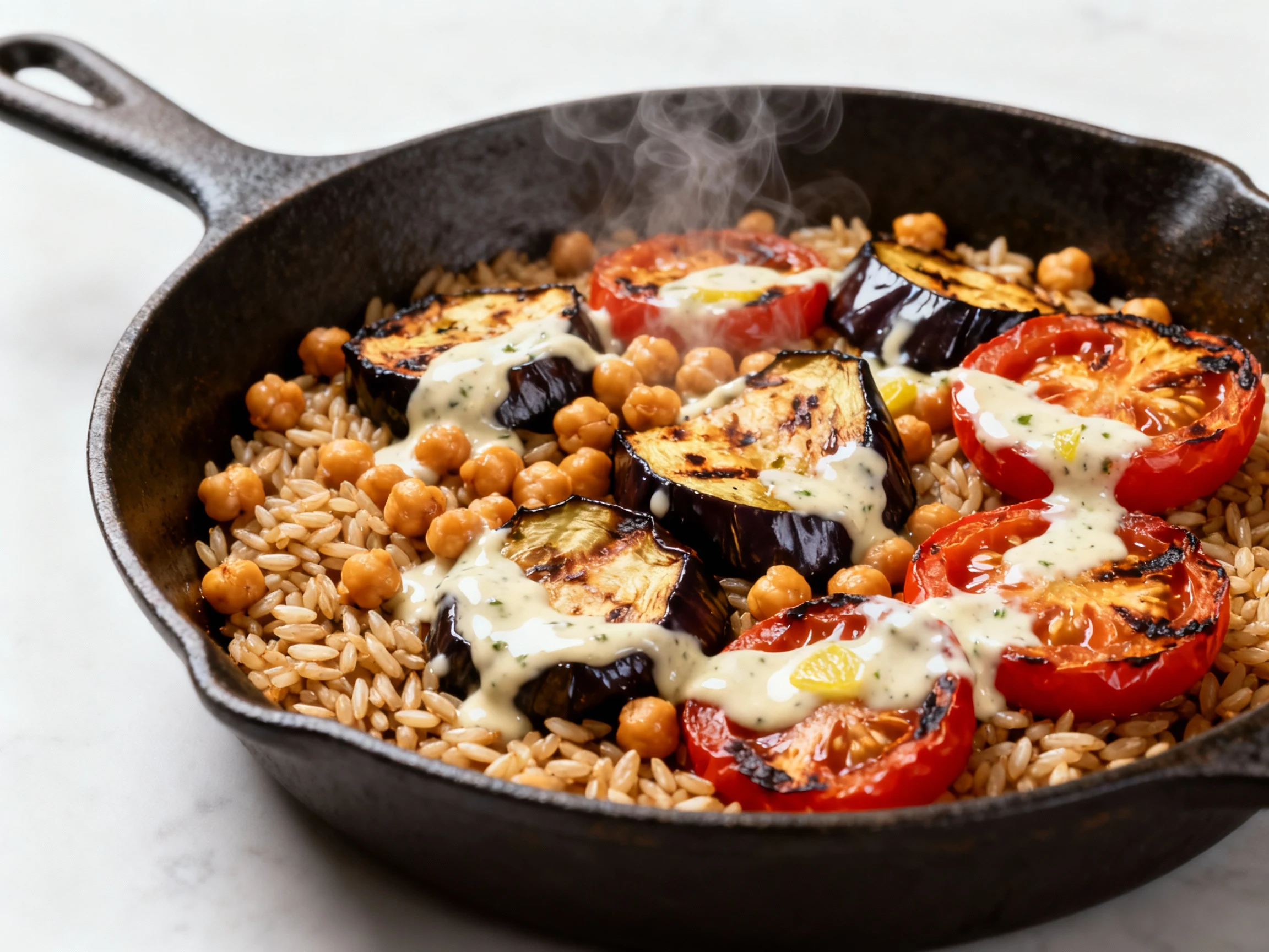 Food photography, Cooking process shot: tahini–lemon–garlic sauce coating farro, chickpeas, and roasted eggplant/tomatoe