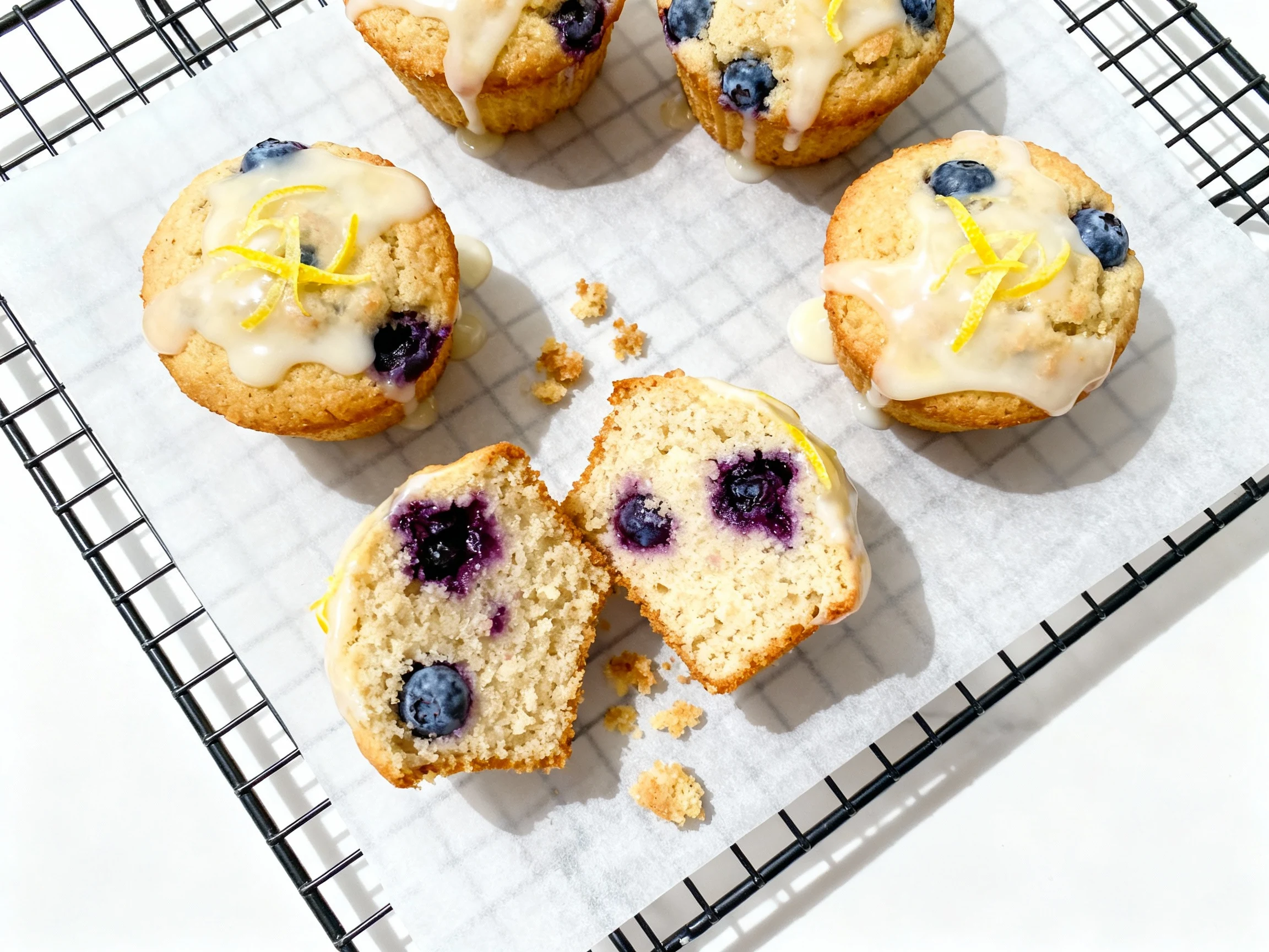 Food photography, Overhead shot of lemon blueberry coconut flour muffins on a cooling rack over parchment, glossy lemon 