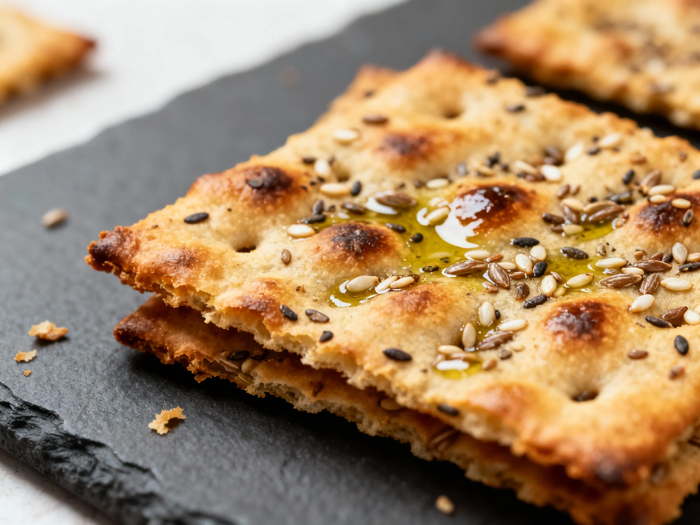 Food photography, 2. Close-up detail of golden-brown flax crackers with blistered surface and olive oil sheen; everythin