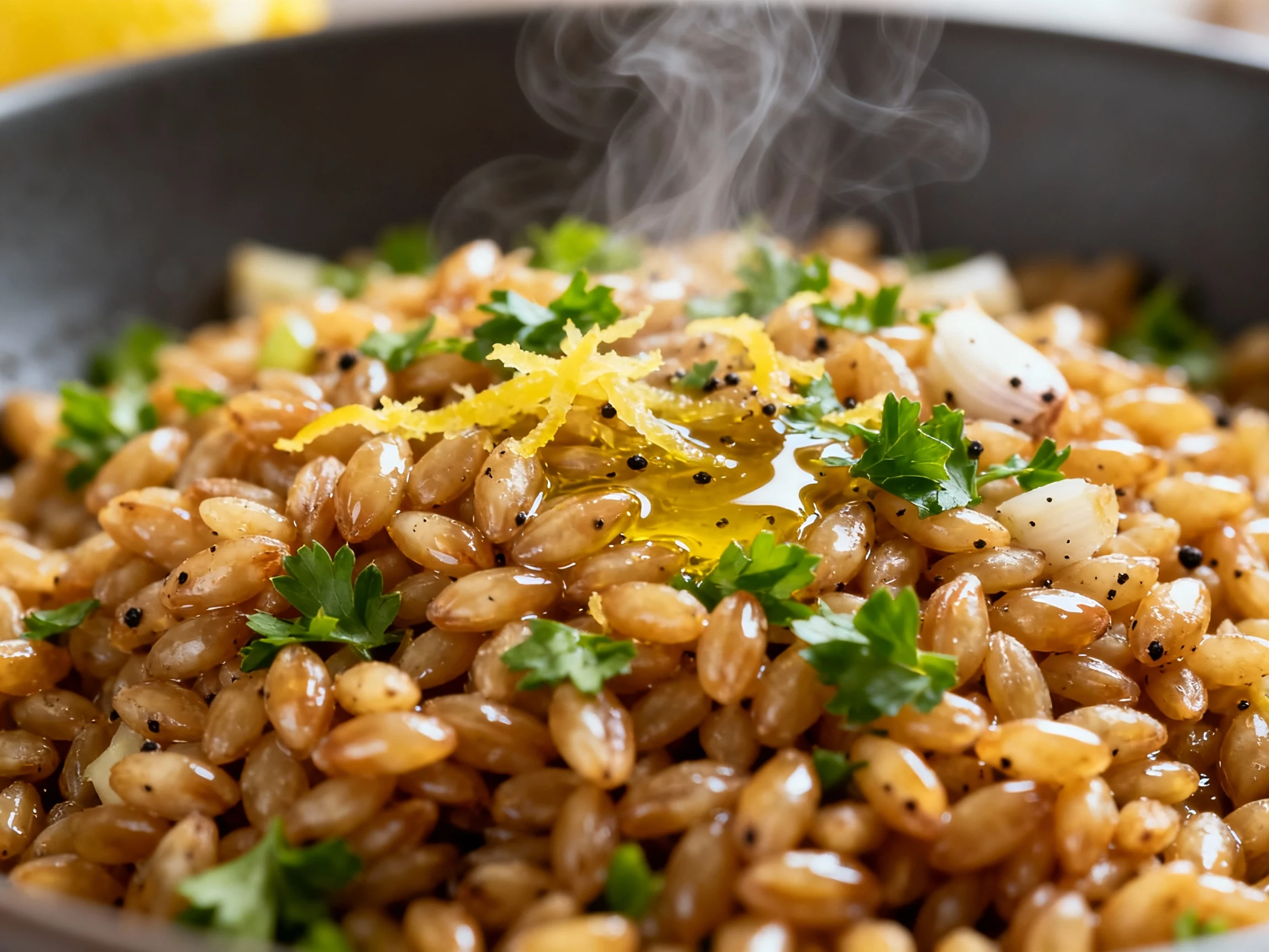Food photography, Close-up of warm farro being tossed with lemon zest and juice, extra-virgin olive oil, minced garlic, 