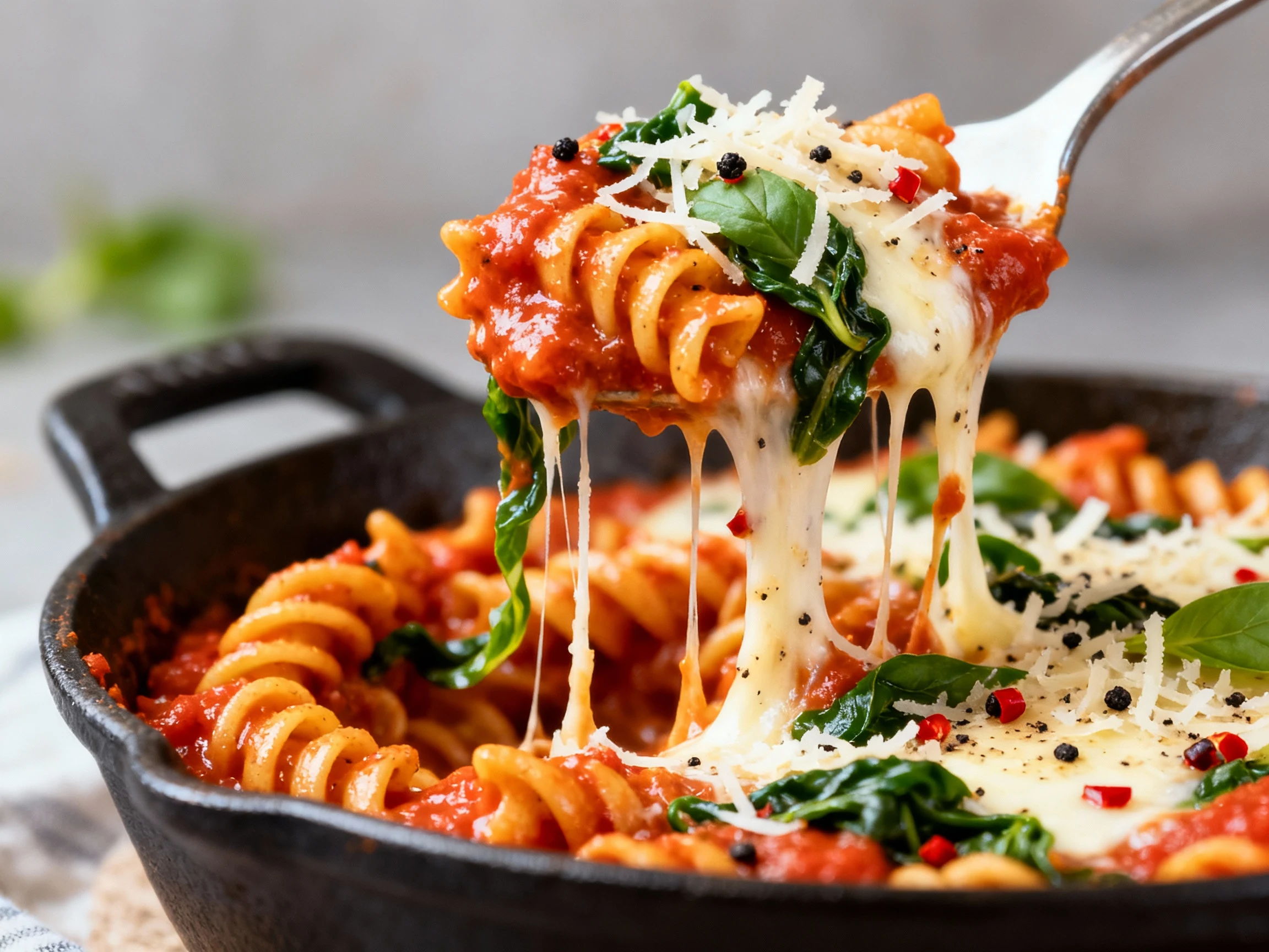 Food photography, 2. Close-up detail: Creamy tomato-coated rotini lifted from the crock, gooey mozzarella and Parmesan s