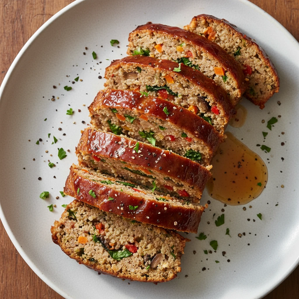 Food photography, Overhead shot of cleanly sliced lean turkey & quinoa veggie meatloaf fanned on a matte white plate: la