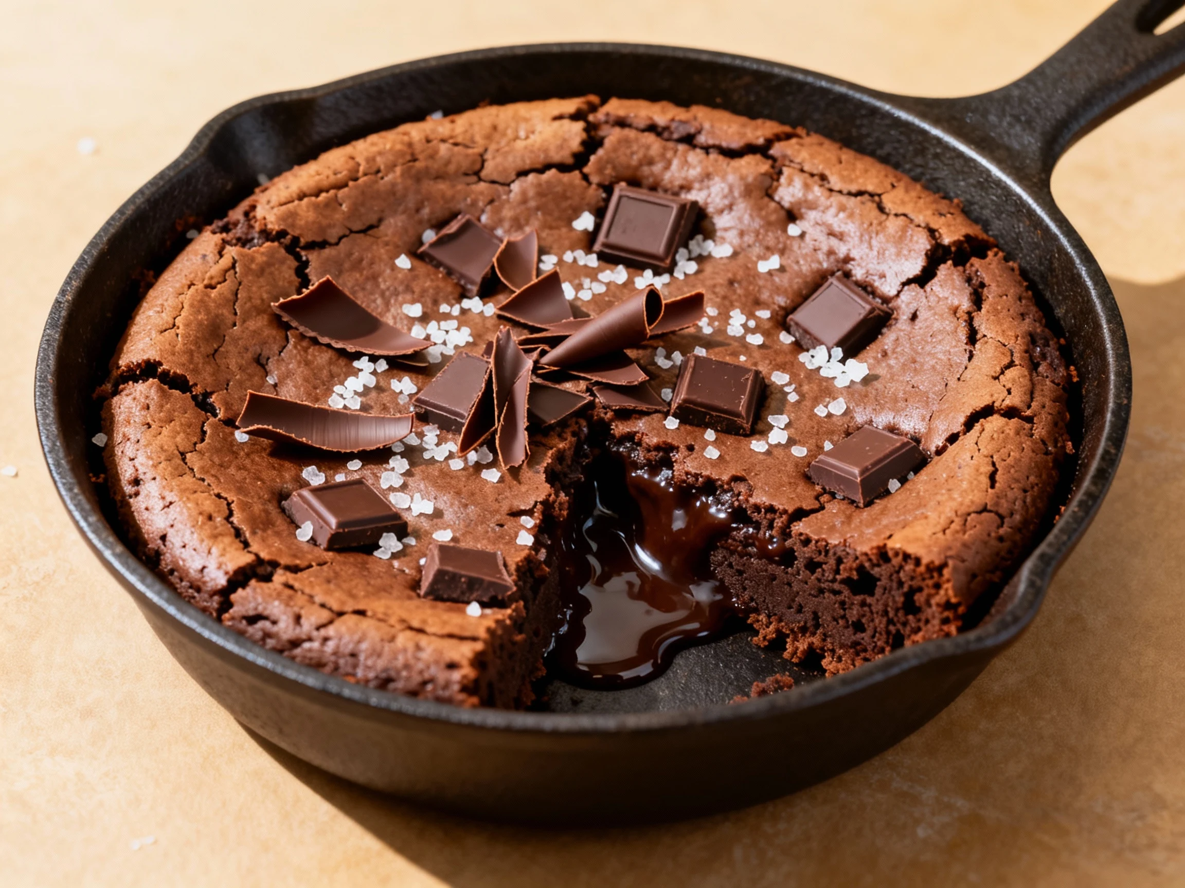 Food photography, 2. Overhead shot of the one-bowl skillet brownie just baked in an 8-inch cast-iron: edges set, fudgy c