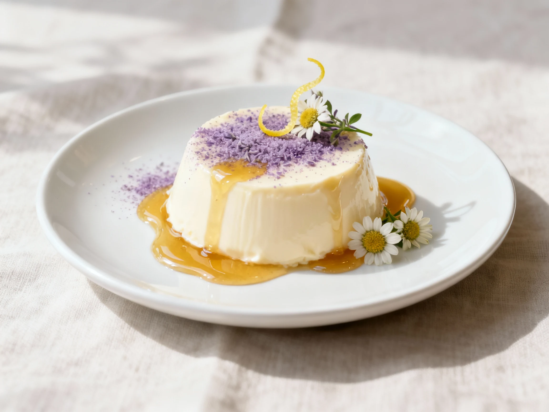 Food photography, Beautifully plated lavender–chamomile honey panna cotta; glossy cream set with a light lavender sugar 