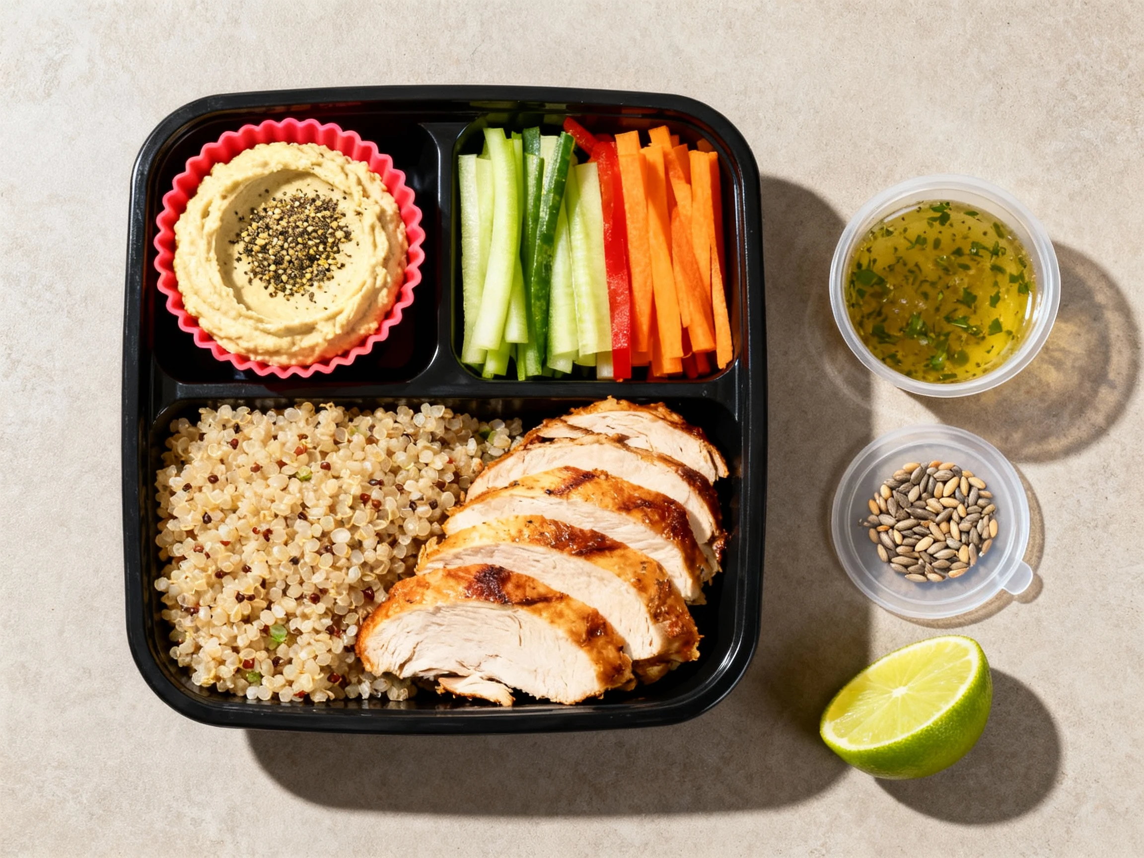 Food photography, 2. Tasty top view: overhead shot of a bento-style lunch box using the 3–2–1 Crunch Method—quinoa + sli
