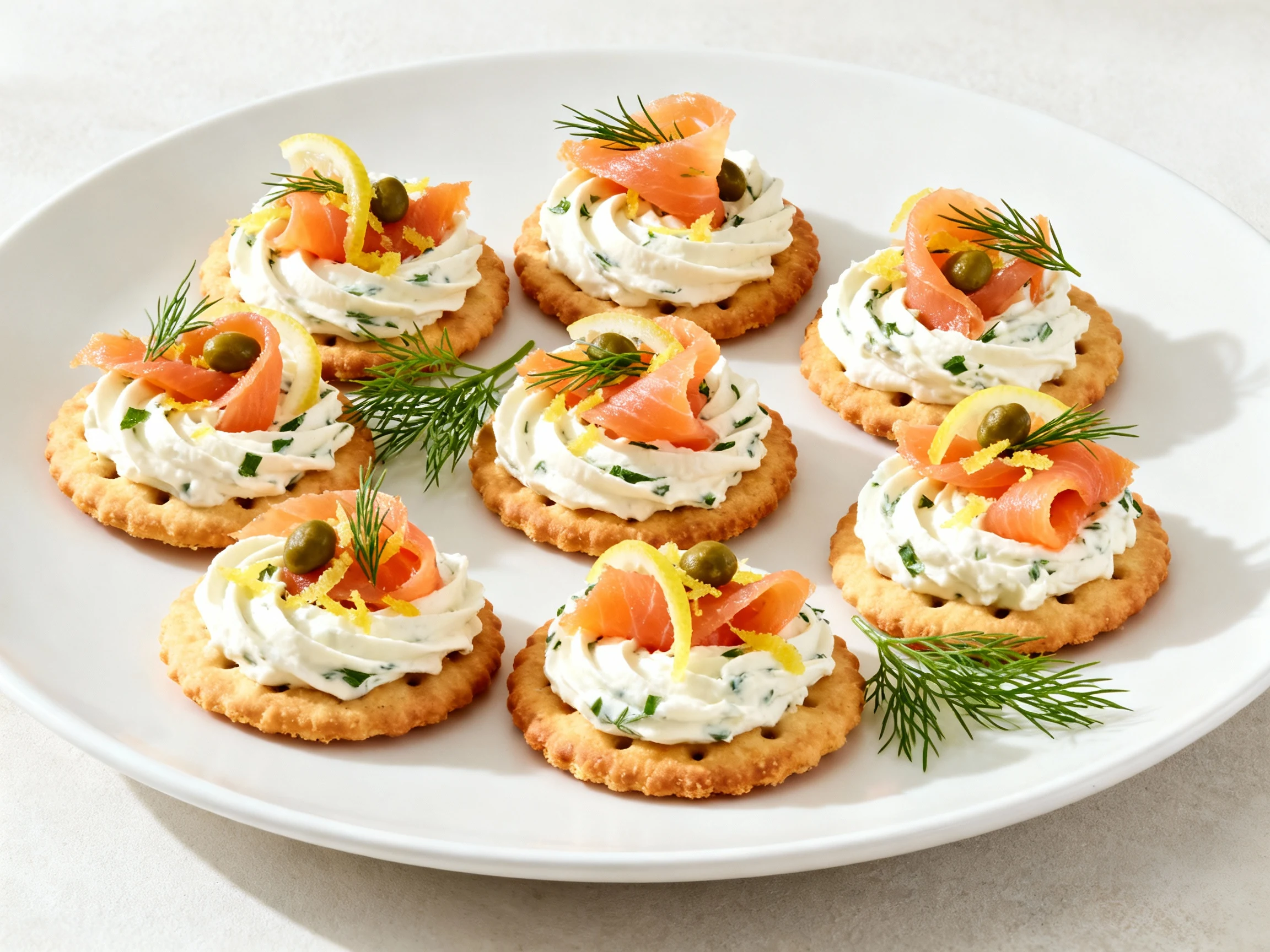 Food photography, Beautifully plated smoked salmon & herb cream cheese Ritz bites on a matte white platter—whipped cream