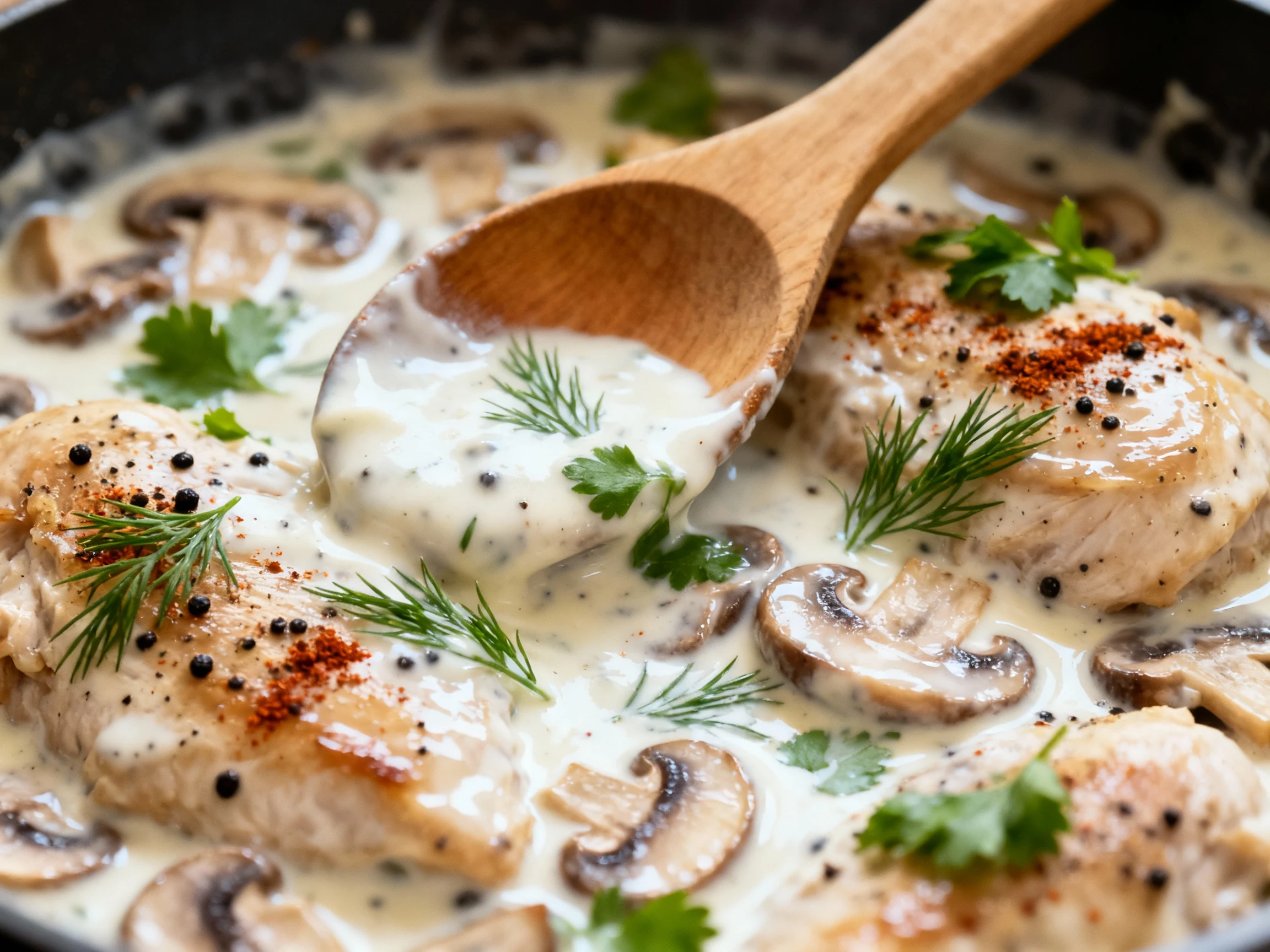 Food photography, 2. Close-up of glossy sour-cream pan sauce coating chicken and mushrooms, wooden spoon resting to show