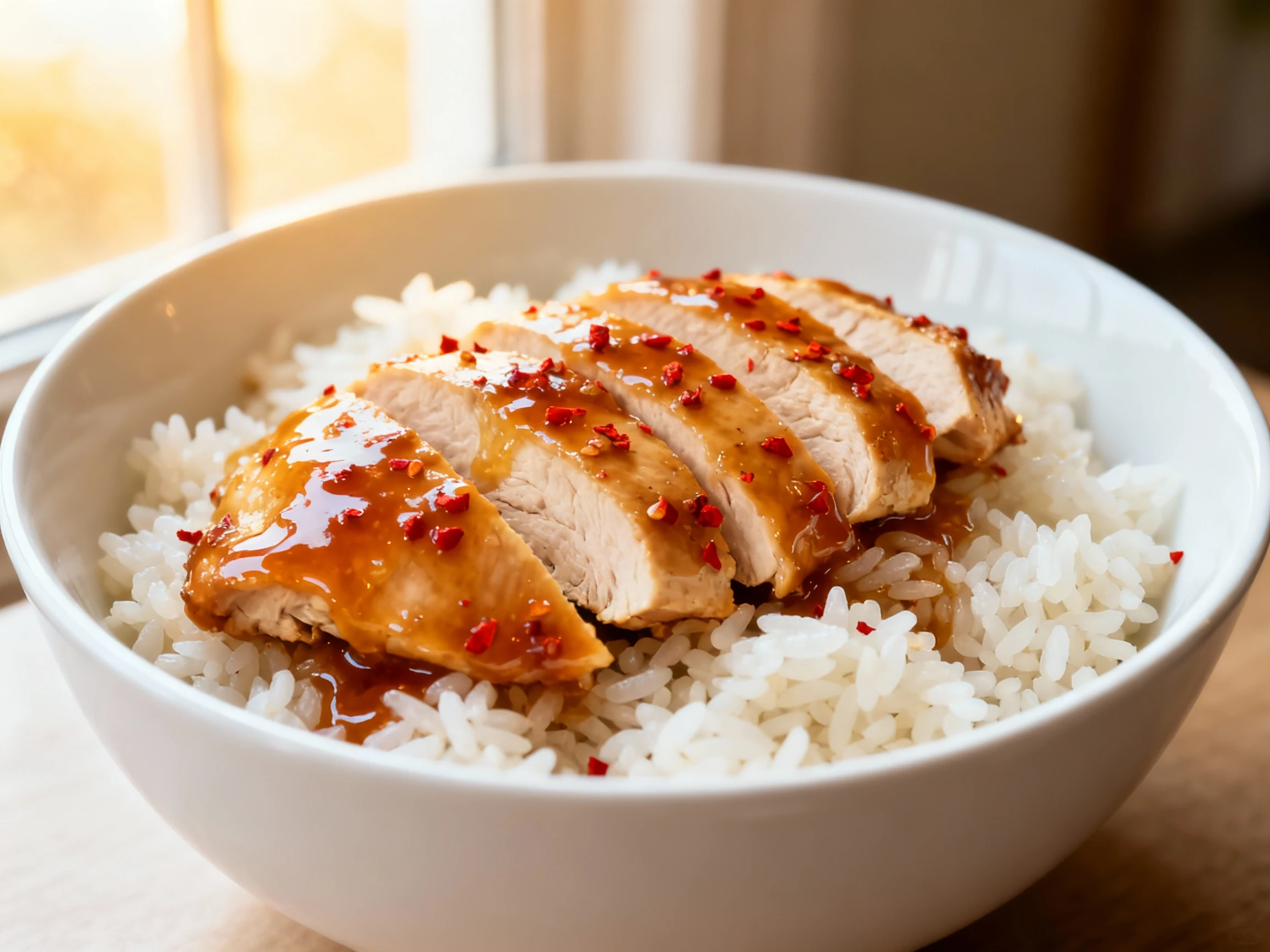 Food photography, Final dish: Honey Garlic sliced chicken breast over fluffy jasmine rice, coated in a glossy thickened 