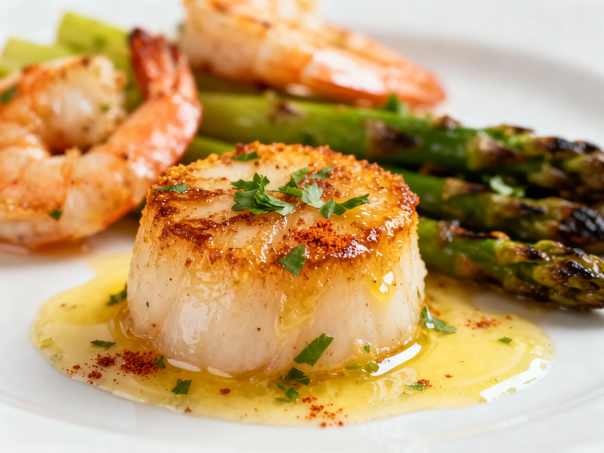 Food photography, Close-up seared scallop with golden caramelized crust glazed in lemon-garlic butter, specks of smoked 