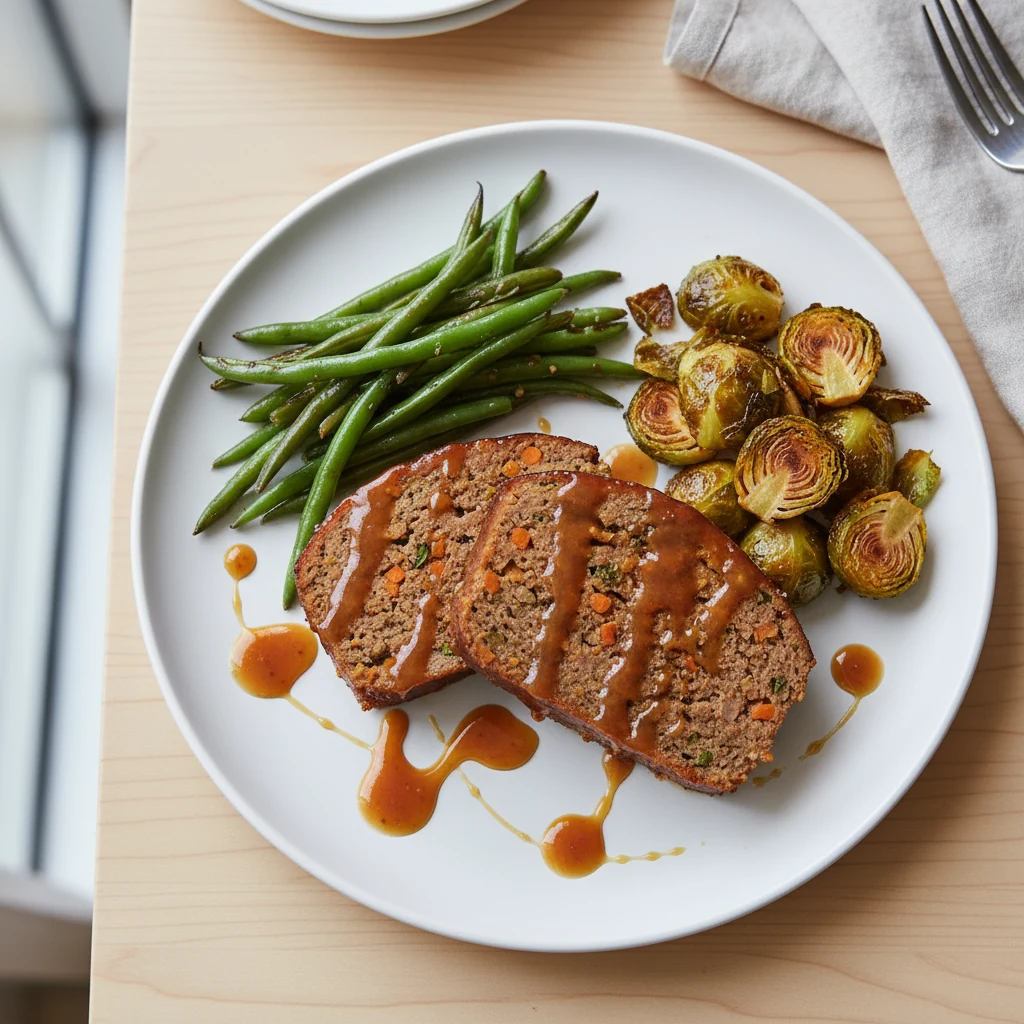Food photography, Overhead shot of the final plated Sweet Potato–Glazed Bison Meatloaf: thick juicy slices with lacquere