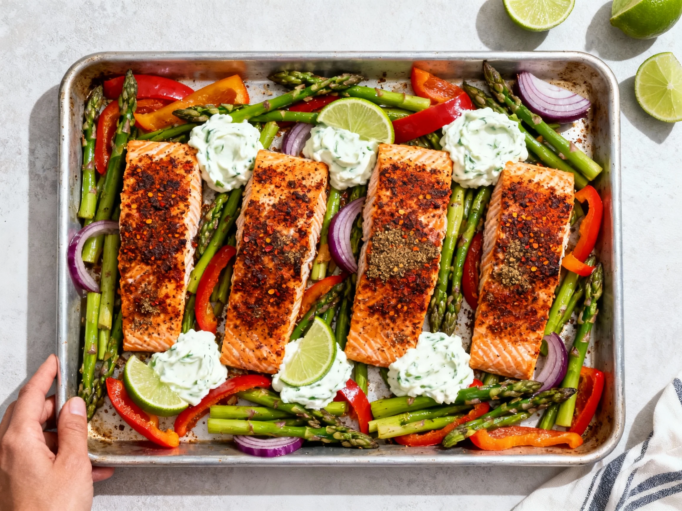 Food photography, 2. Overhead shot of chili-lime salmon sheet-pan supper: four fillets with smoky chili, cumin, and smok
