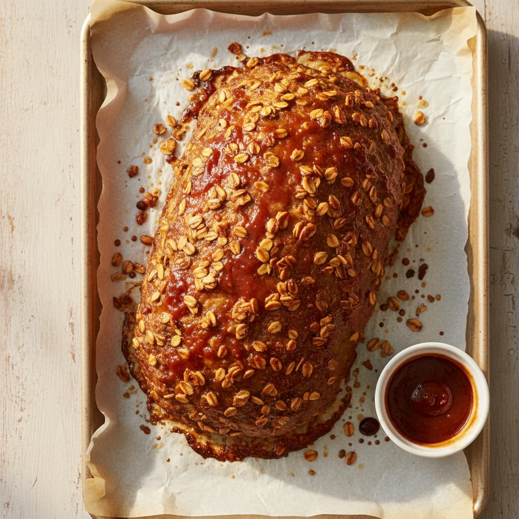 Food photography, Overhead shot of the free-formed meatloaf on a parchment-lined sheet pan just out of the oven: deeply